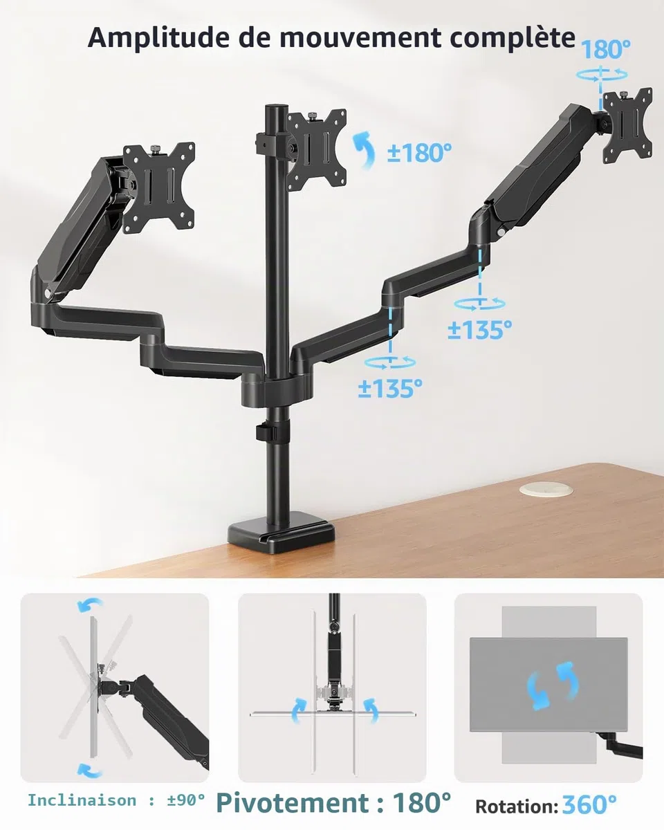 MOUNTUP Support triple moniteur – Support de bureau pour 3 écrans d'ordinateur jusqu'à 27", triple bras de moniteur, support robuste pour moniteurs, chaque bras peut supporter 2 à 9 kg, noir
