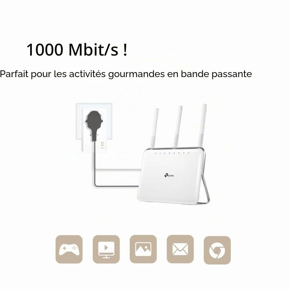 TP-Link TL-WPA1000 Kit Adaptateur Réseau CPL 1000 Mbit/s Ethernet/LAN WiFi Avec 1 Port Gigabit et Prise Intégrée Type F, Boitier Kit de 2