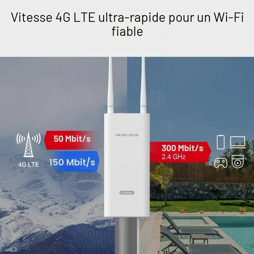 MERCUSYS MB118-4G Routeur WiFi avec Sim d'extérieur, 4G CAT4 LTE N300Mbps, 2 antennes LTE Amovibles, Port LAN, Alimentation PoE/DC, Montage sur Poteau, Mur et fenêtre, SMS, Application, Plug&Play
