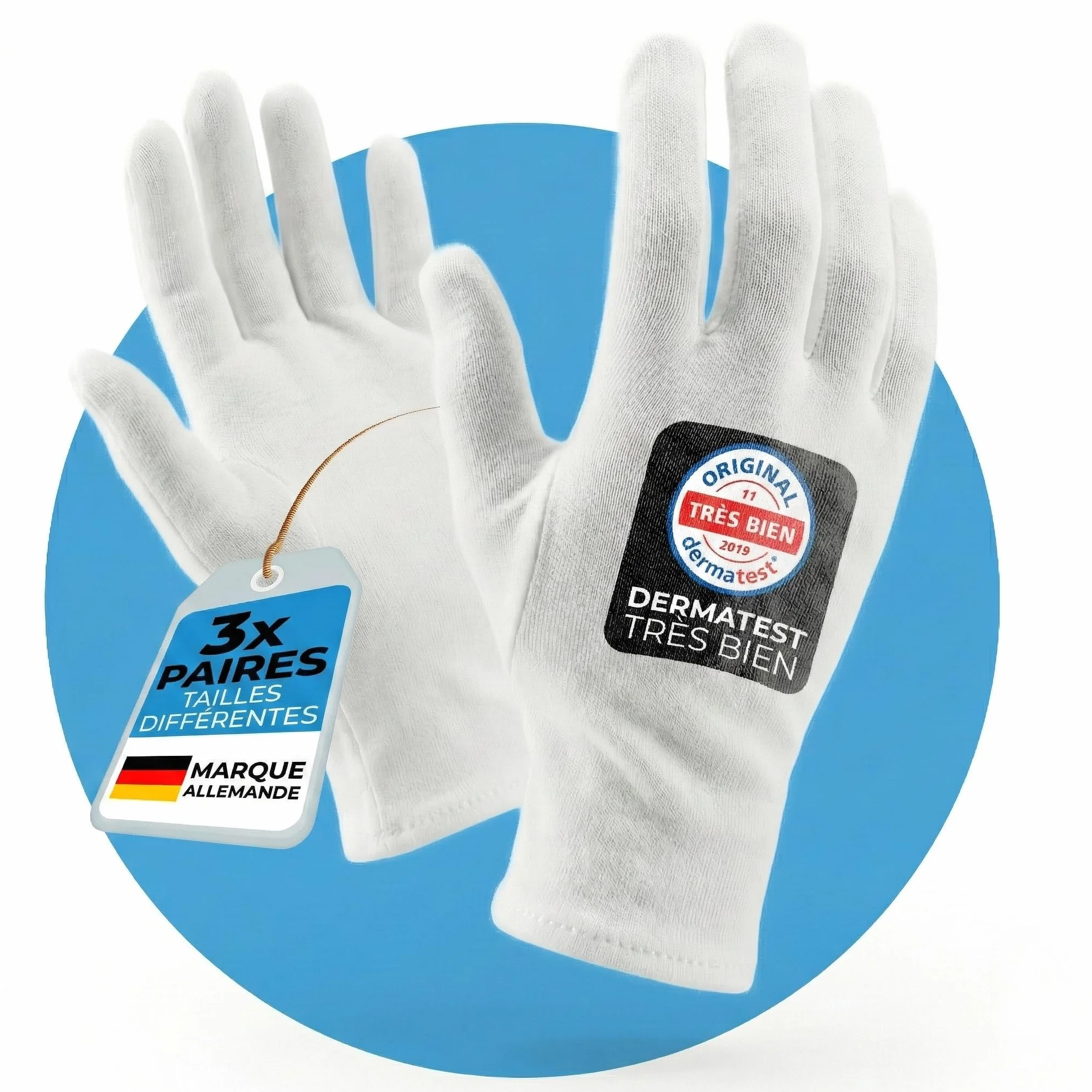 Gants coton dermatologique antistatique eczema hydratant main 3 paires M