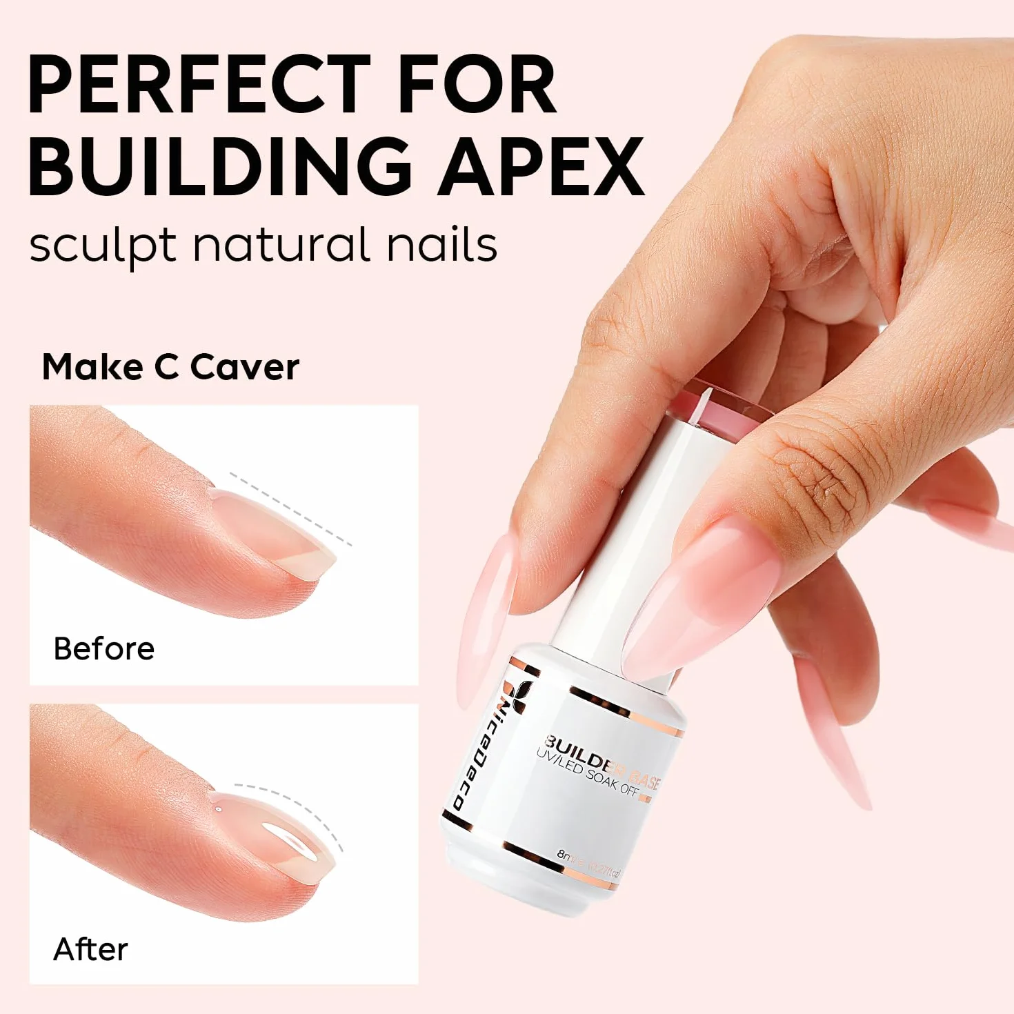 Nicedeco 15ml Gel Construction Ongle UV 8 en 1, Gel Builder Base de Renforcement, Rose Nu