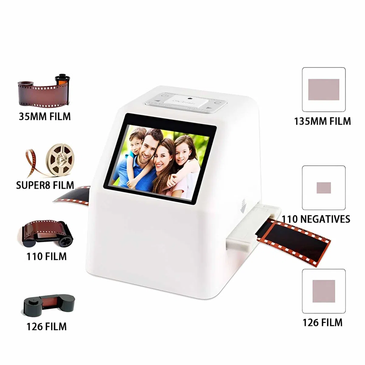 Scanner de film et de diapositives, scanner multifonction 22 MP avec écran LCD de 2,4", convertit la couleur et le noir et blanc 35 mm, 126, 110 et super 8 diapositives et négatifs en images