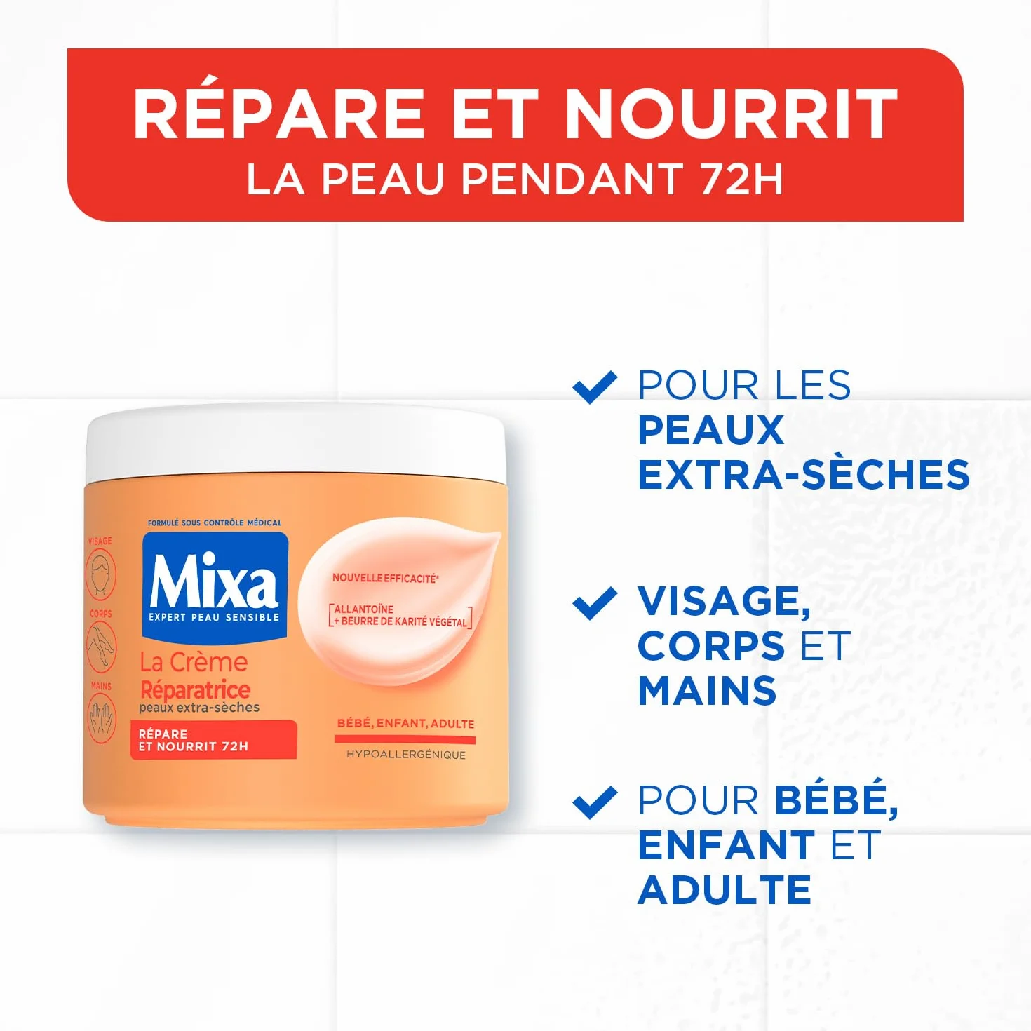 MIXA La Crème Réparatrice Multi-Usages Nutrition Intense 72H Anti-Dessèchement Peaux Extra-Sèches Corps Visage Mains 400ml