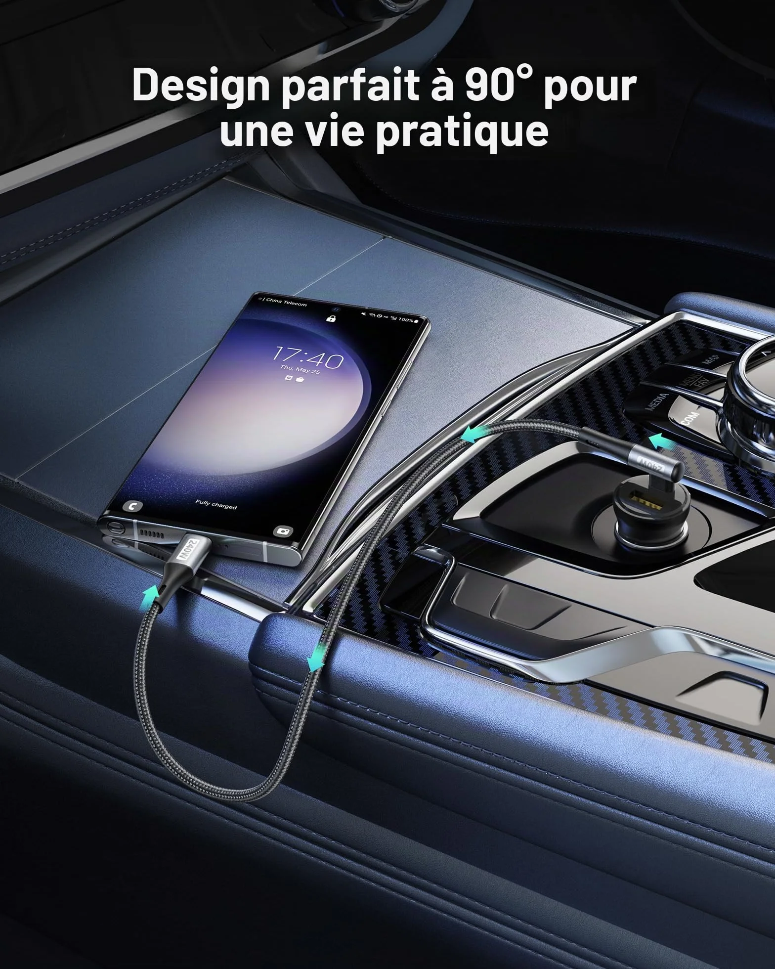 Silkland Câble USB C vers USB C Court 30CM Coudé 240W 48V/5A PD3.1&QC4.0+ Charge Rapide 90 Degrés pour Android Auto iPhone 16 15 Samsung S25 MacBook Pro Air iPad Pro Mini