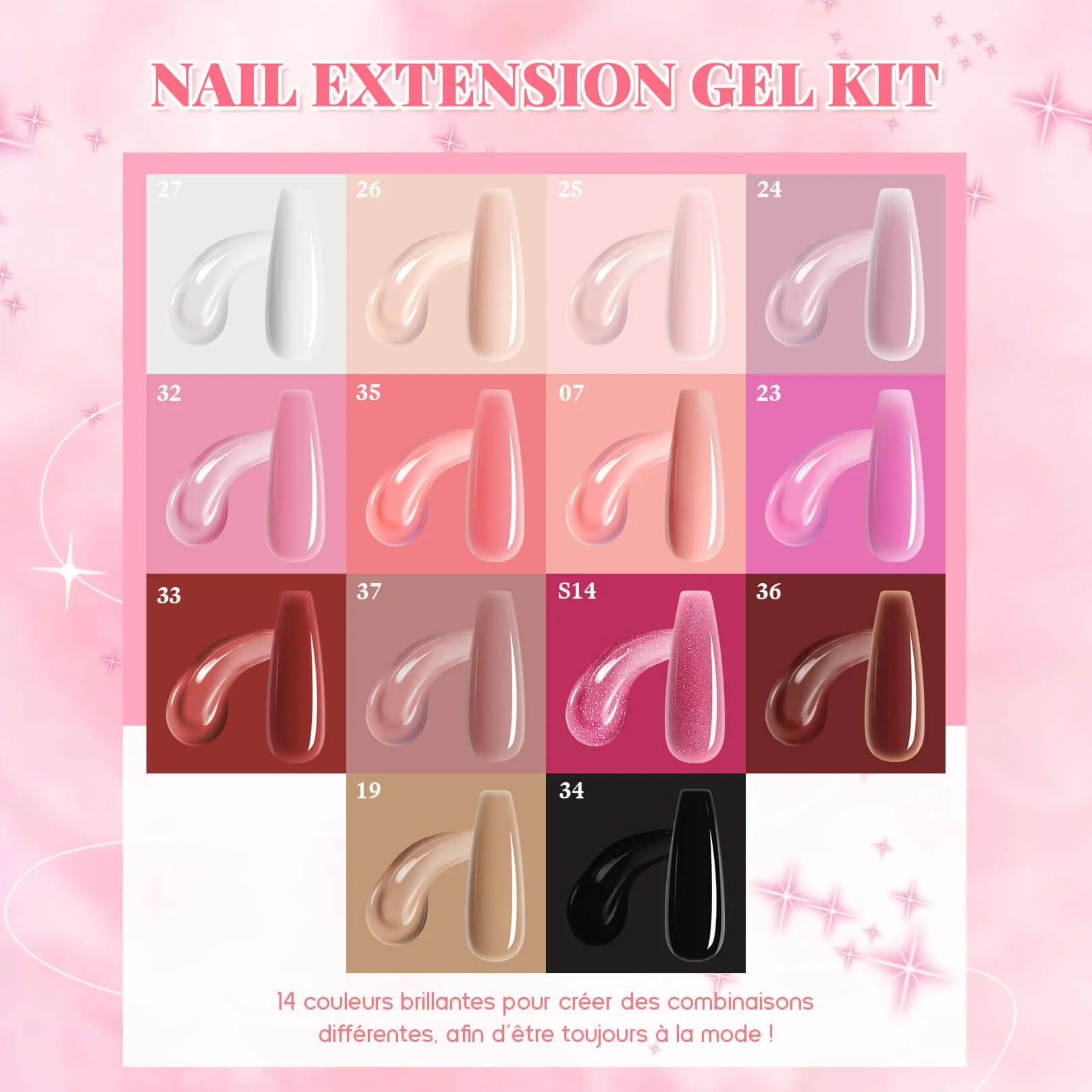 Kit Ongle Gel UV Complet 14 Couleurs 15 ml Semi Permanent Rose Nude Poly Tube Nail Art Construction Cadeau Femme