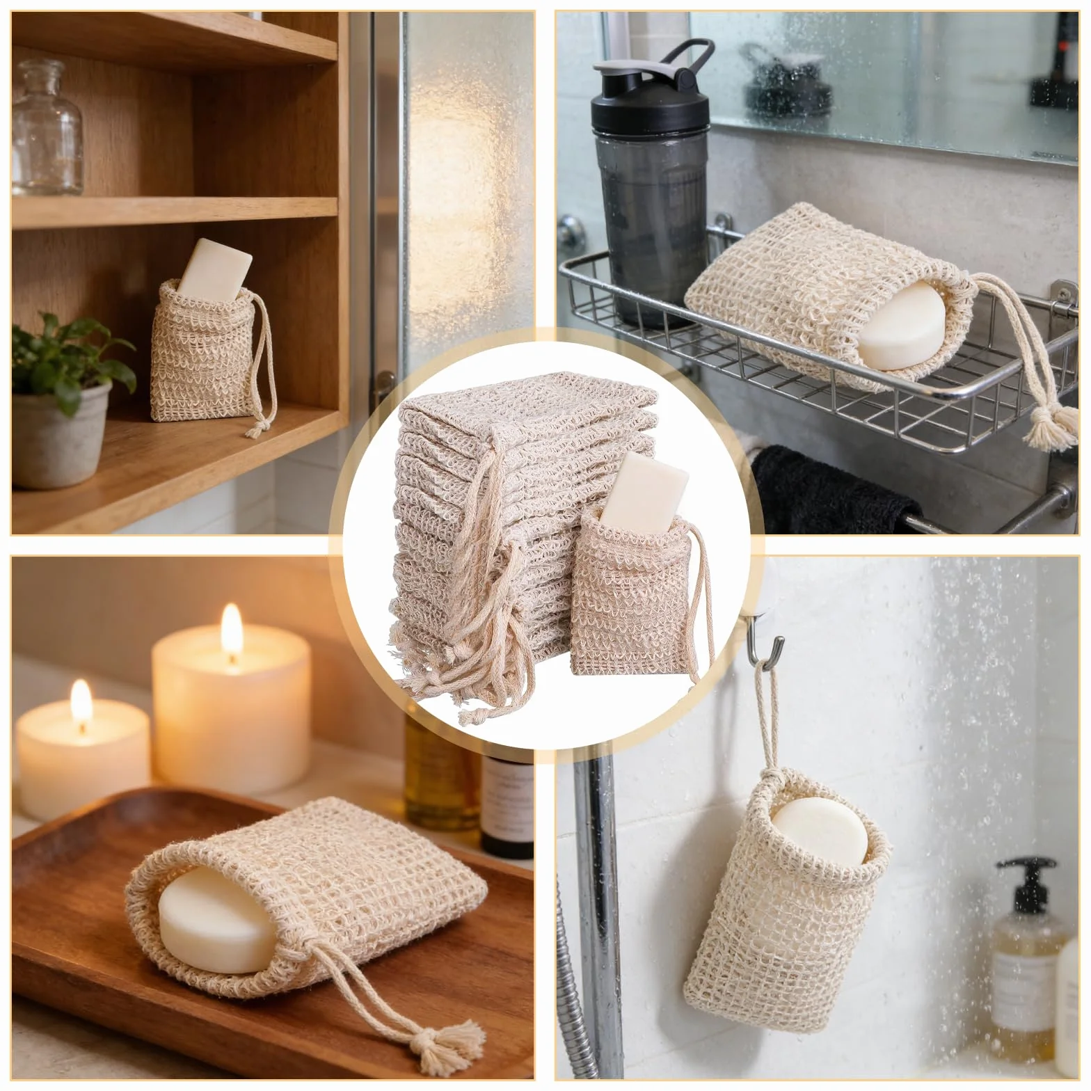 Sacs à savon bio en sisal naturel pour douche - Lot de 12