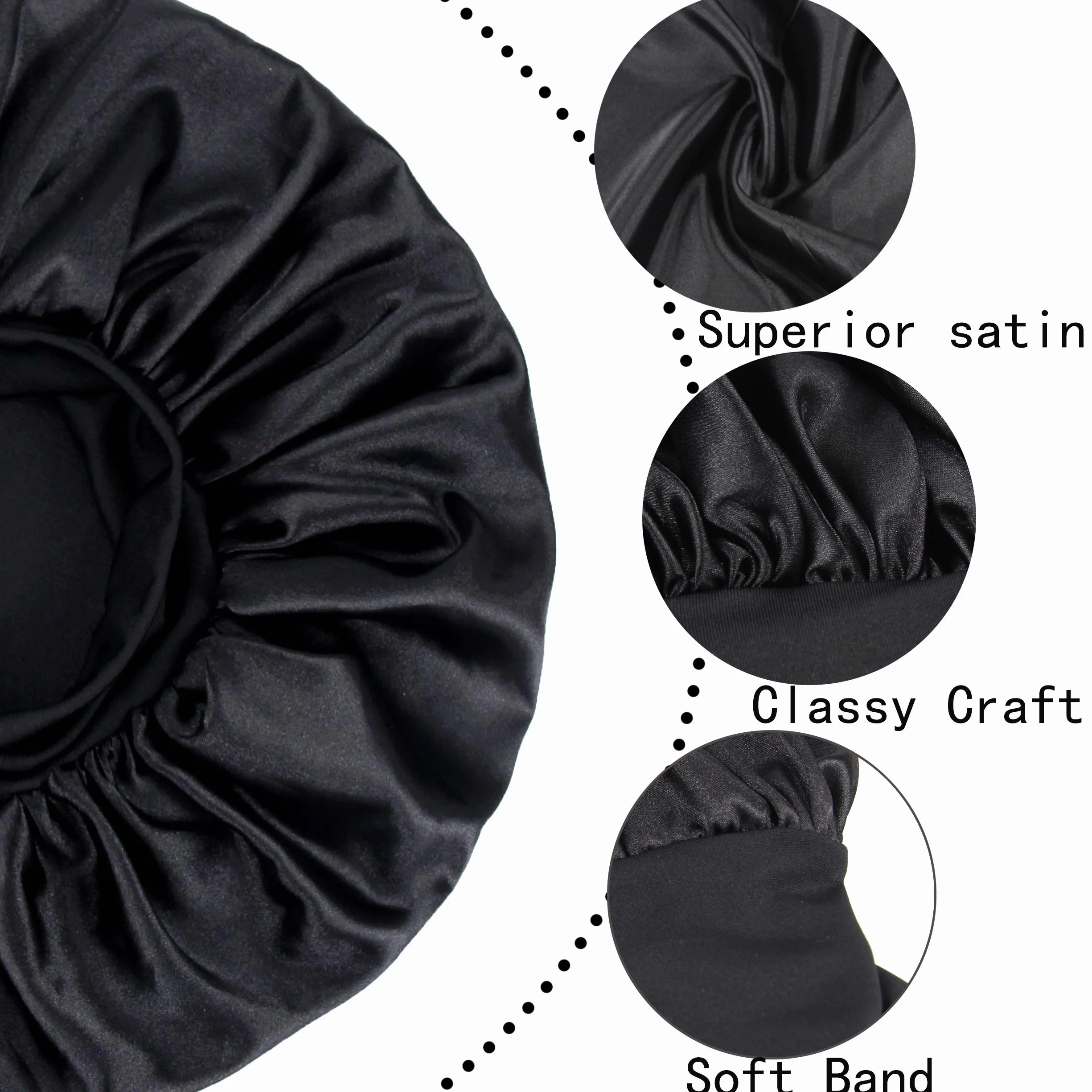 Bonnet de Nuit en Satin élastique à Large bande pour Femme Cheveux Longs Bouclés (L, Noir)