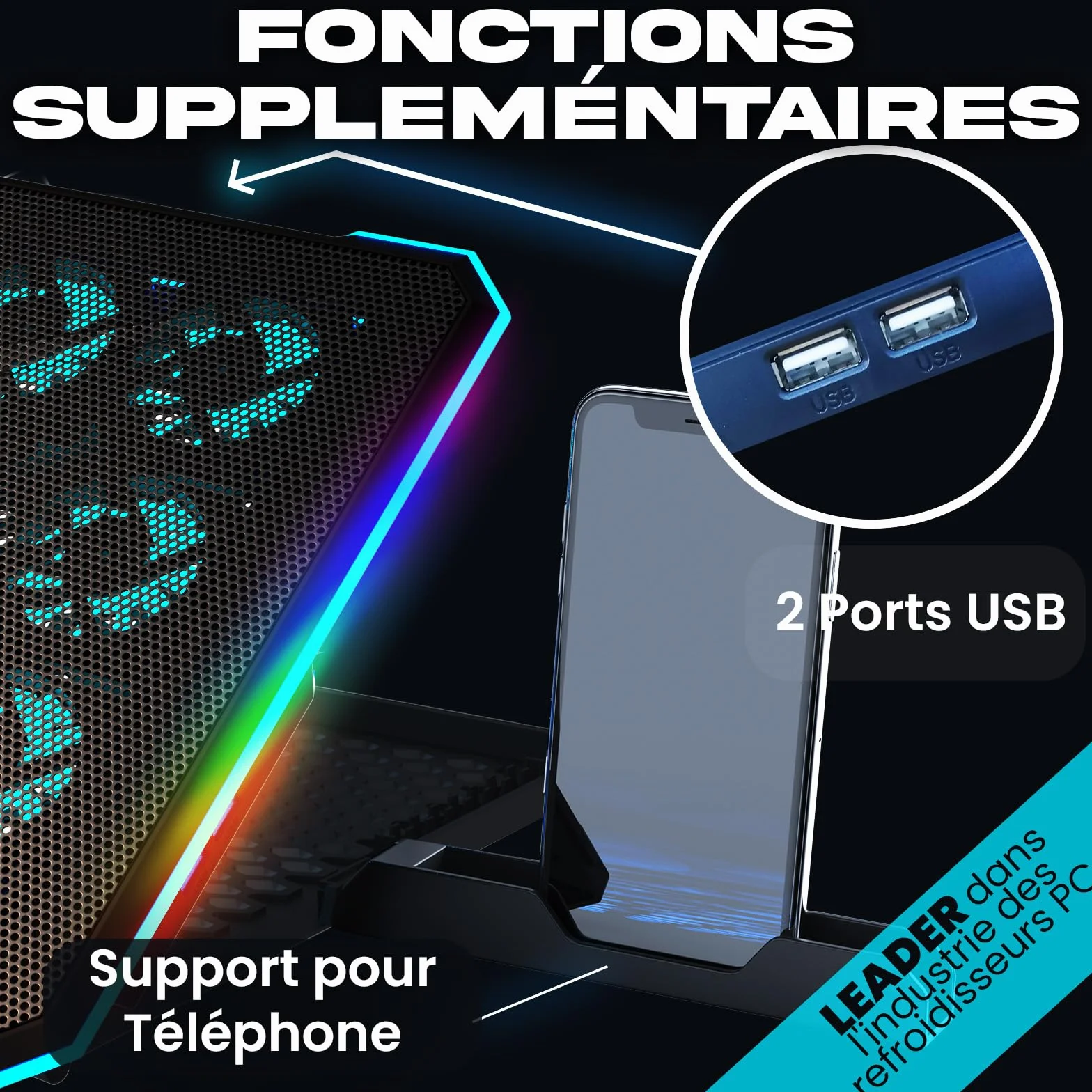 KLIM V15 Refroidisseur PC Portable 15 Ventilateurs RGB Support Gaming 10-17 Pouces 2 Ports USB