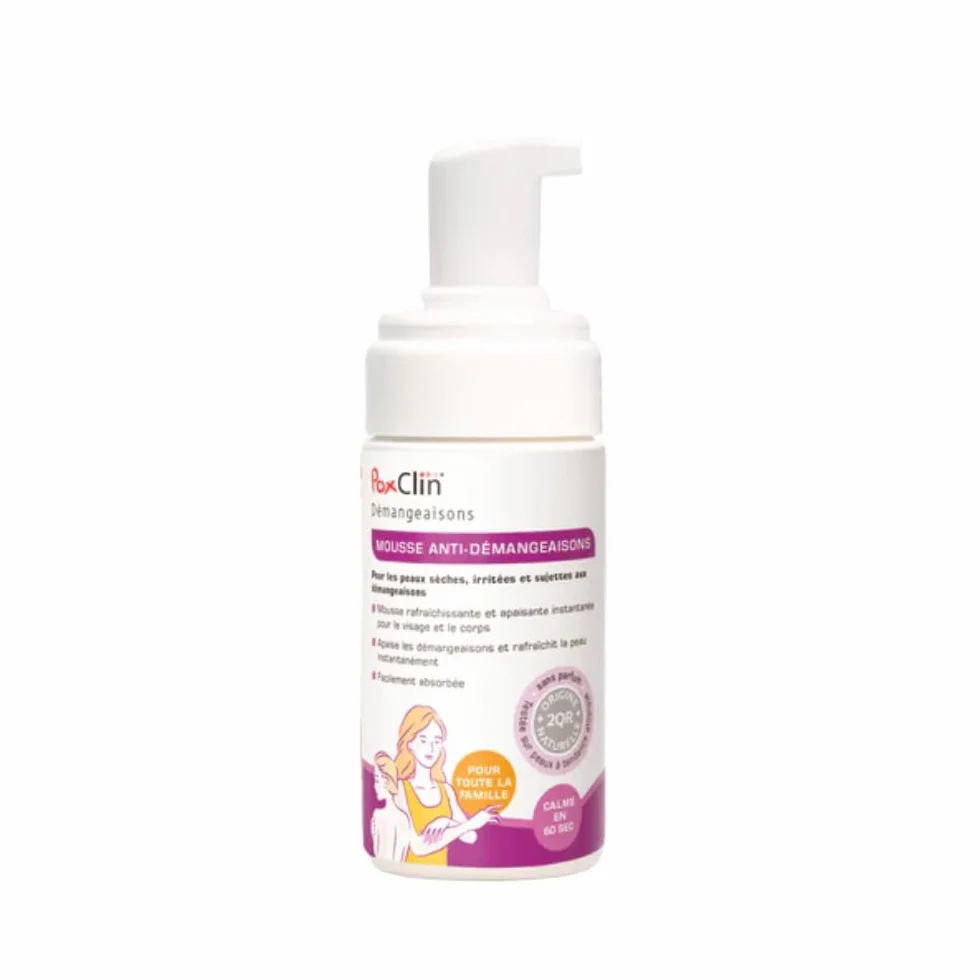 PoxClin Démangeaisons Mousse Anti-Démangeaisons 100 ml Eczéma Urticaire Piqûres Insectes Coup Soleil Visage Corps