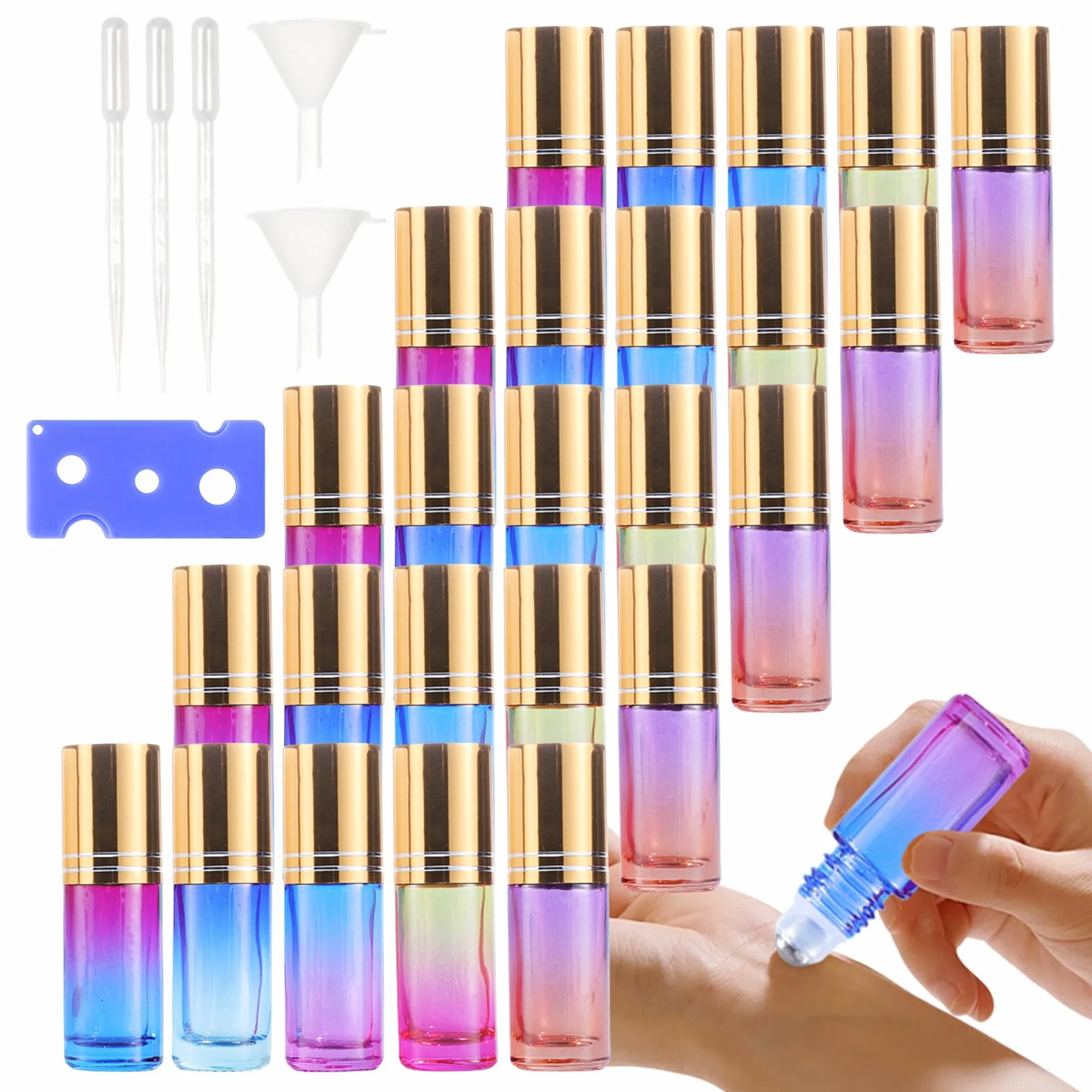 Lot de 25 bouteilles en verre multicolore 5 ml pour huile essentielle avec boules en acier inoxydable