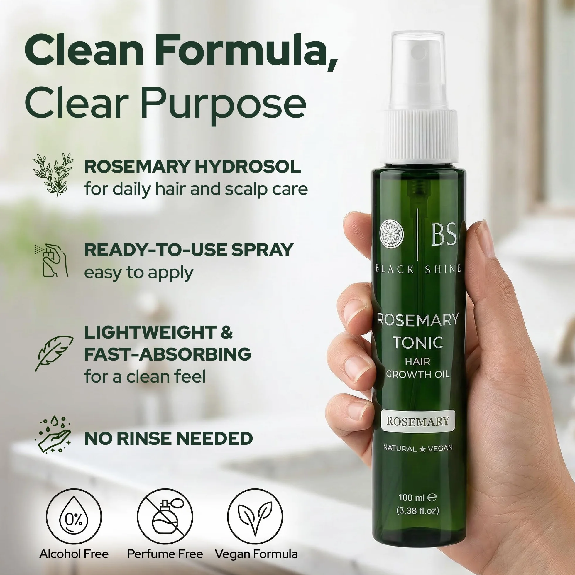 BLACK SHINE Tonique Capillaire au Romarin 100 ml Spray Naturel Vegan Soin Sans Rinçage Cheveux Forts Épais