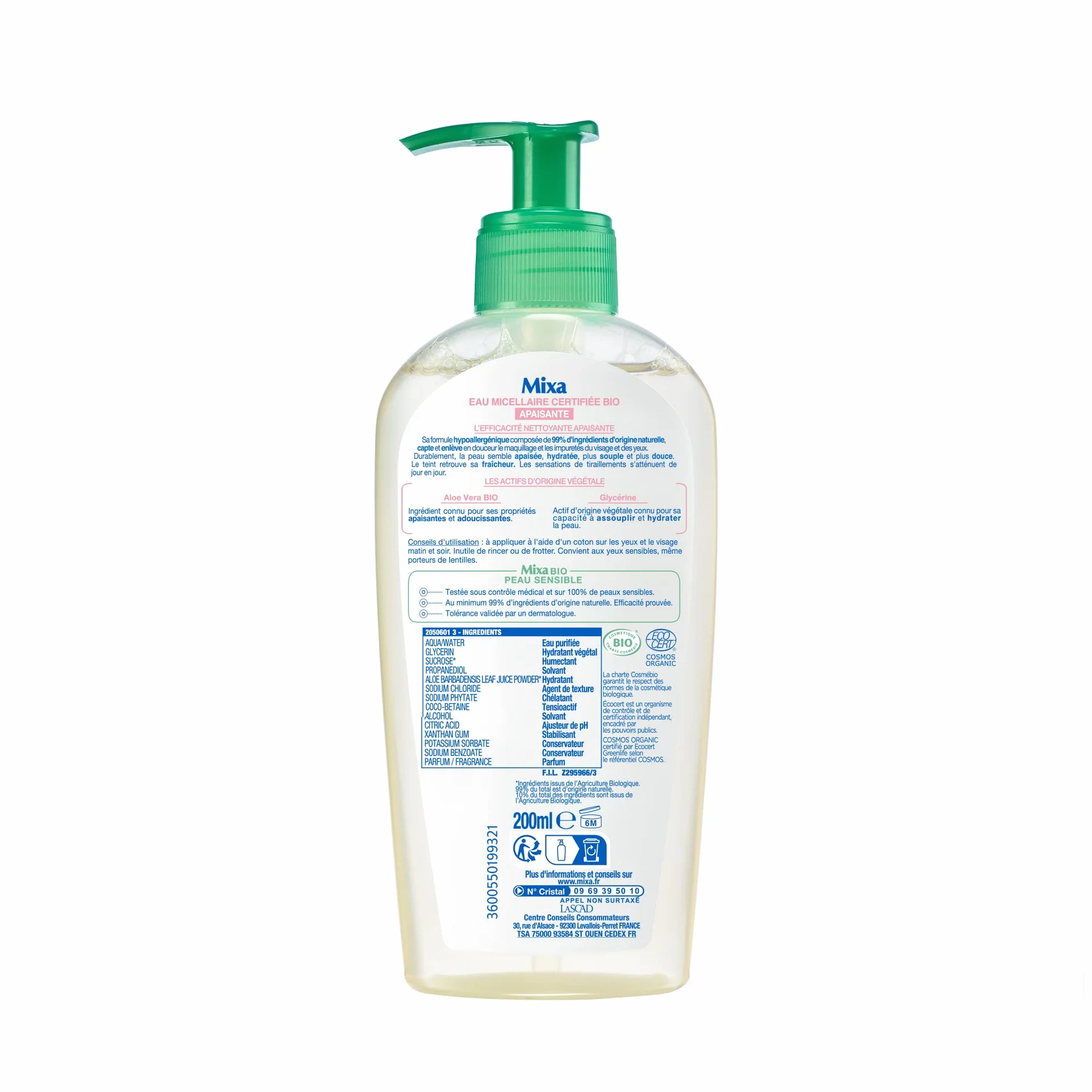 Mixa BIO Eau Nettoyante Démaquillante Peau Sensible 200 ml