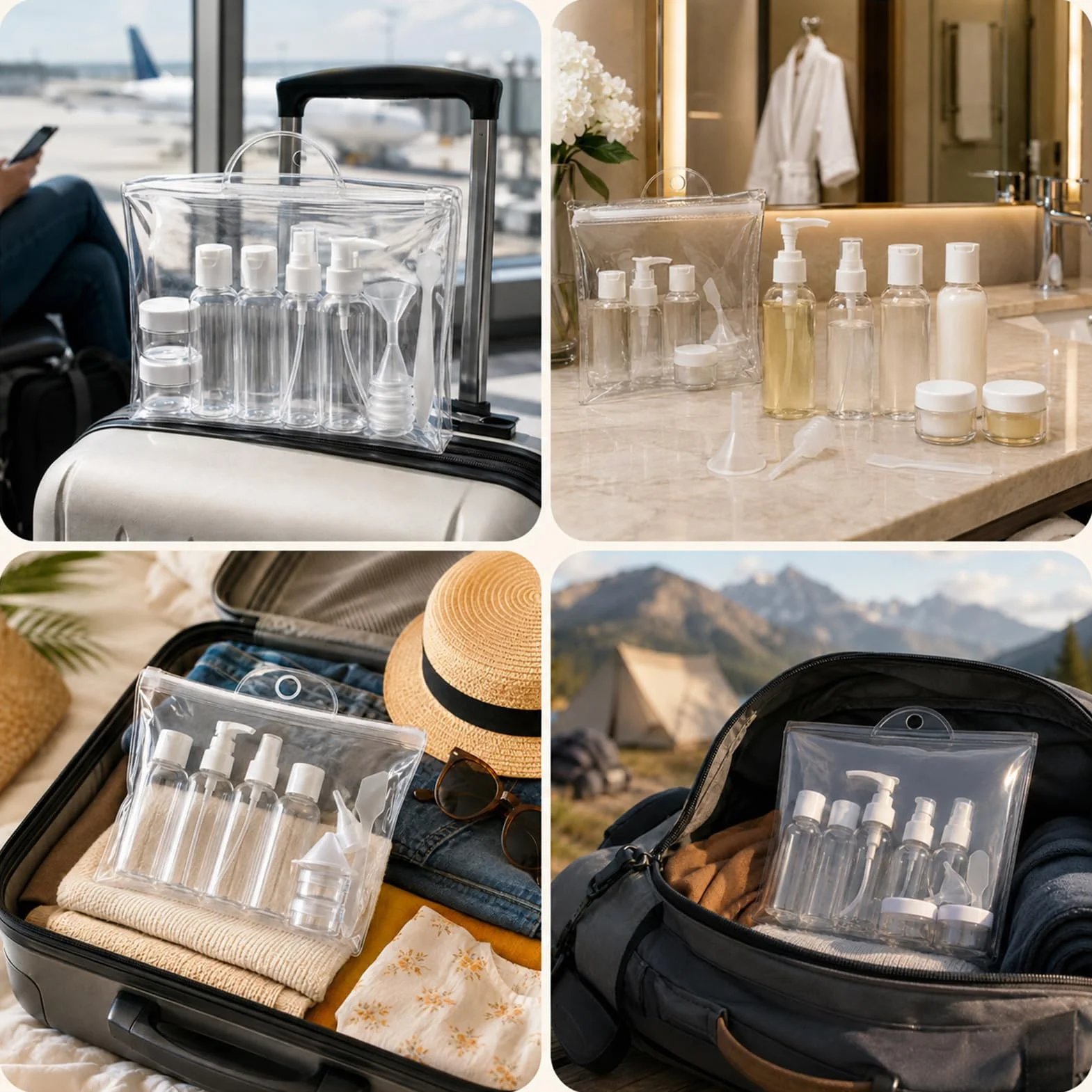 Ensemble Bouteilles de Voyage 9 Pièces, Contenant Liquide Cosmétique Portable, Réutilisable pour Parfum Lotion Shampoing