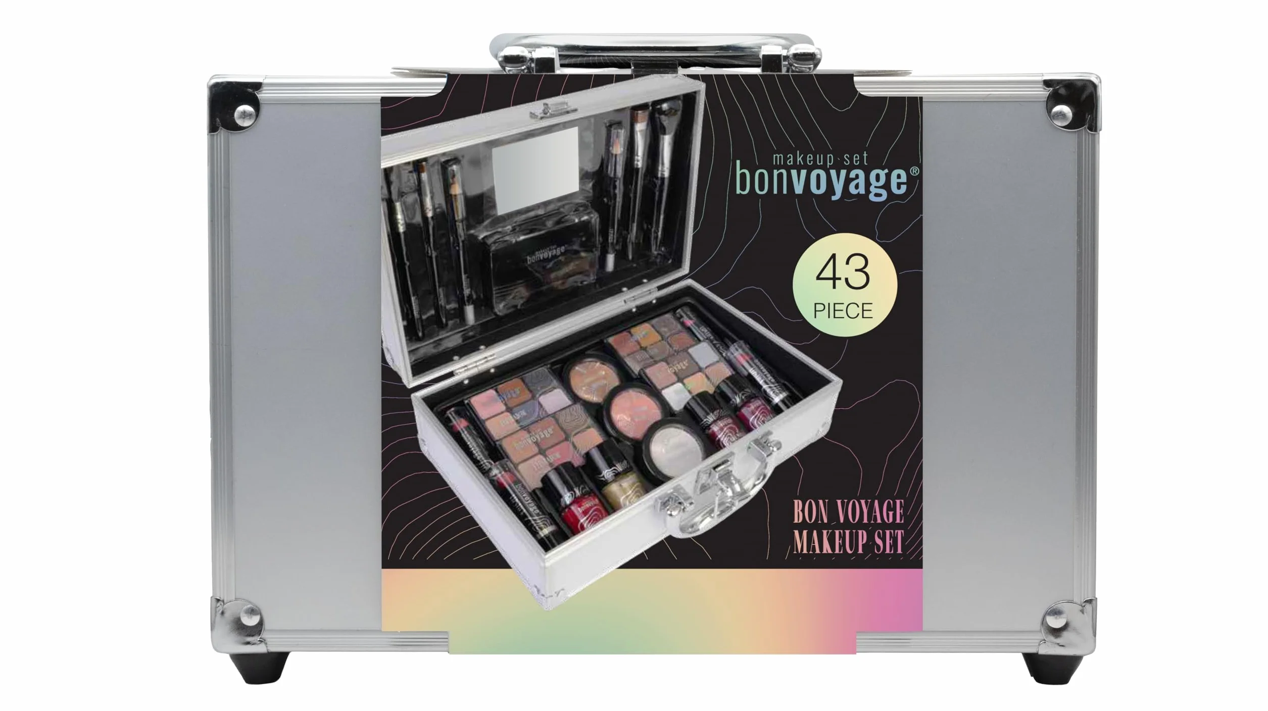 Coffret Maquillage Femme Bon Voyage avec Rouge à Lèvres, Ombres, Blush, Vernis, Miroir, Mallette Métallique Portable