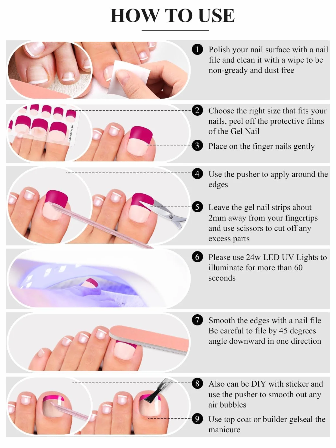 EBANKU Lot de 52 bandelettes de gel semi-durcies pour ongles avec lime et bâton (rouge rose)