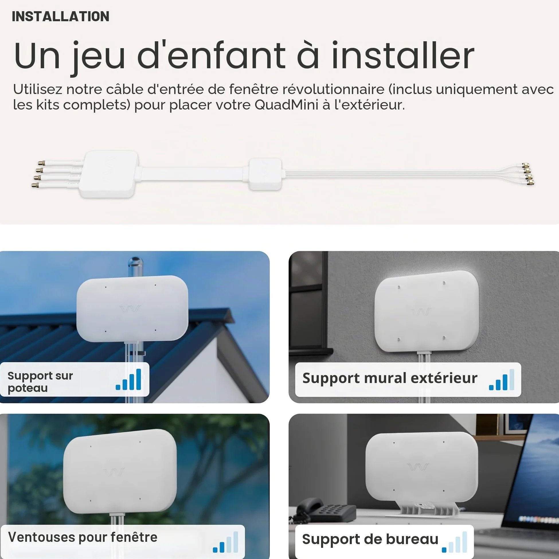 Waveform QuadMini Antenne externe MIMO 4x4 | Antenne omnidirectionnelle pour routeurs et passerelles 4G/5G | pour Internet T-Mobile Home, Verizon, AT&T | Kit complet avec câble de 3 m et entrée