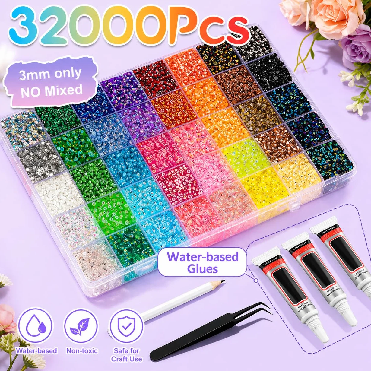 Kit Strass à Coller 32000PCS 40 Couleurs 3 mm avec Colle et Stylo pour Nail Art DIY