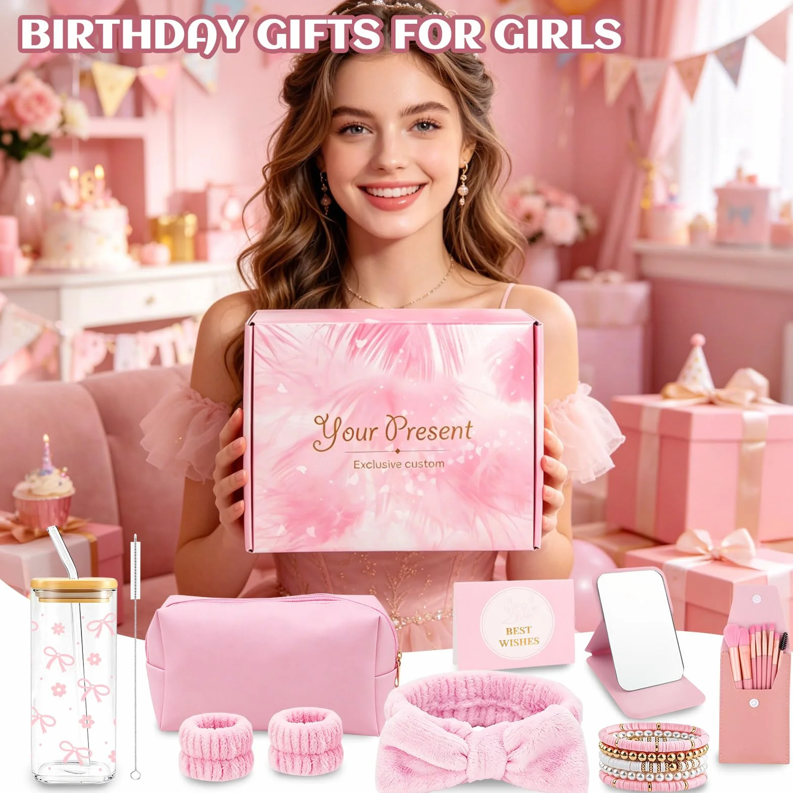 Coffret Cadeau Anniversaire Fille Tasse en Verre avec Couvercle et Paille Maquillage Trousse Cosmétique Bracelet Hairband Miroir