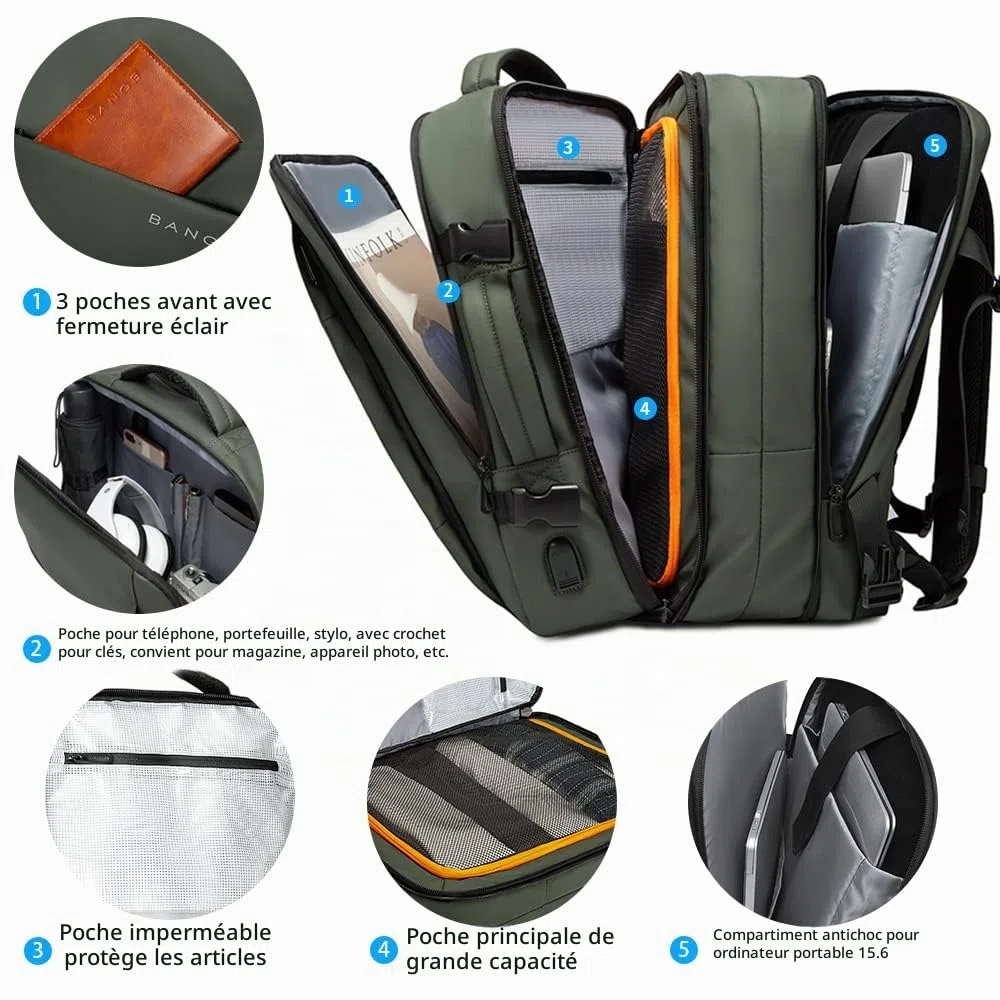 BANGE Sac à dos de voyage extensible de 35 l pour homme et femme, approuvé par les compagnies aériennes, sac à dos de sport imperméable pour ordinateur portable