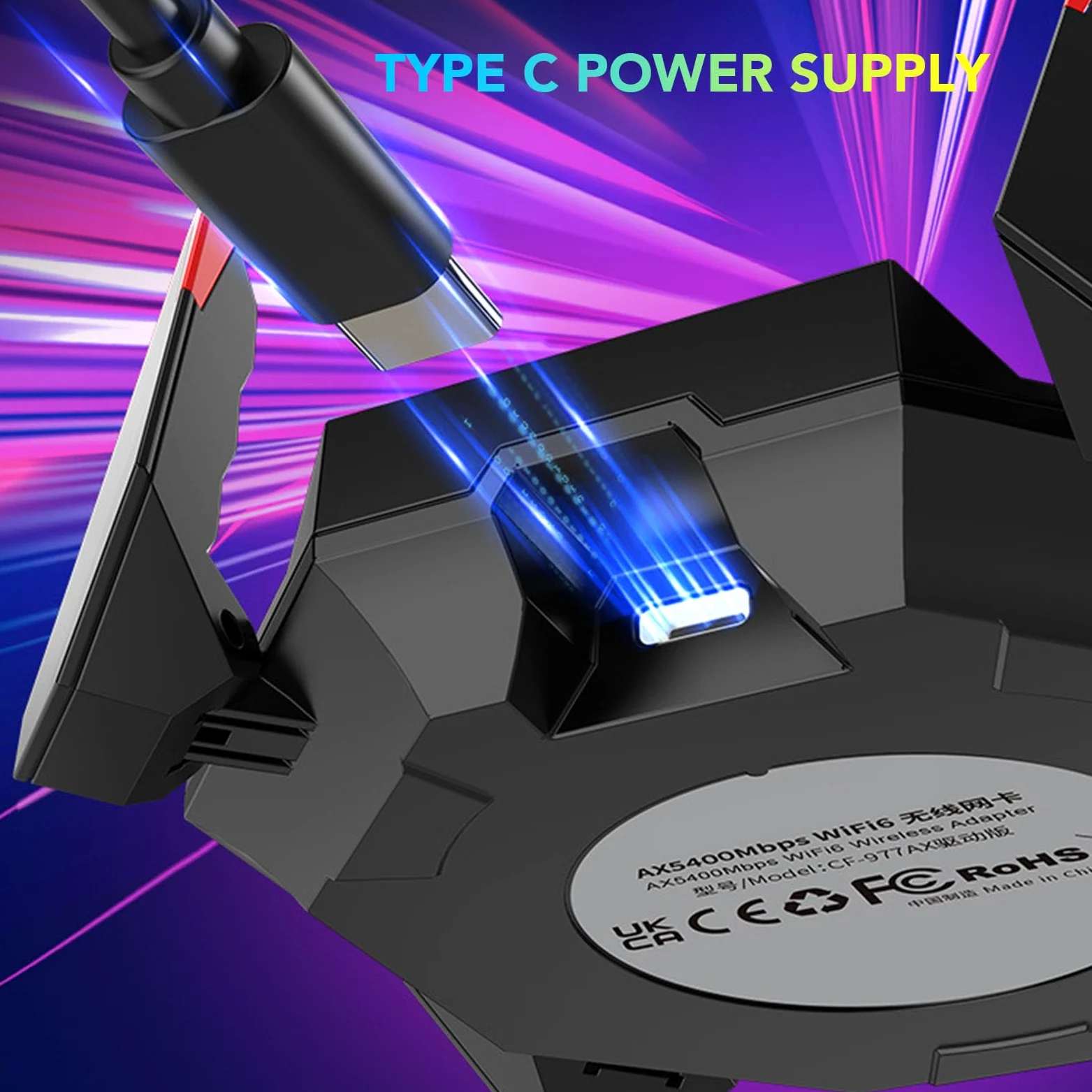Adaptateur WiFi, Puce AX5400, Adaptateur Réseau sans Fil avec 4 Antennes à Gain élevé, 5374 Mbps, Adaptateur de Carte Réseau Externe USB WiFi 6 3 Bandes, Prend en Charge 10