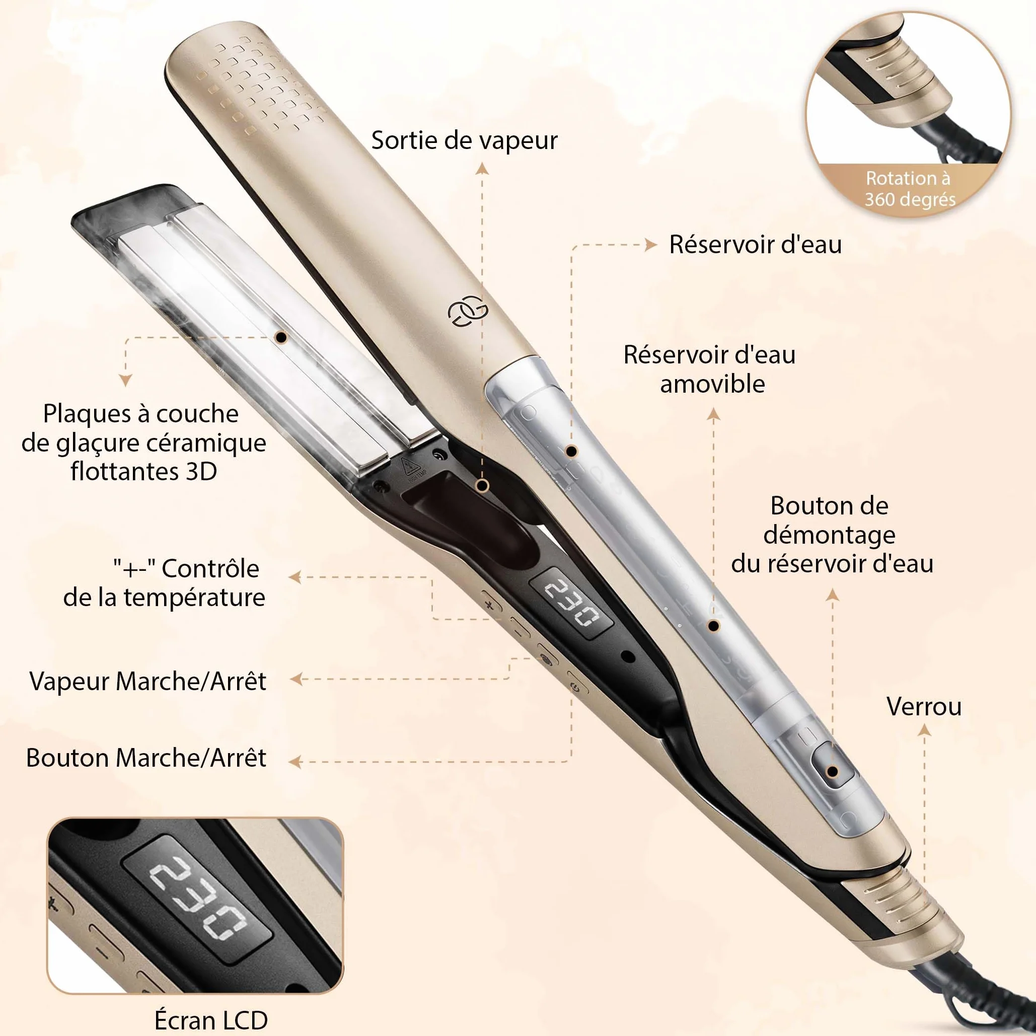 Steampod Pro Lisseur Vapeur Champagne Golden Goods Fer à Boucler 10 réglages 230ºC Céramique Ionique