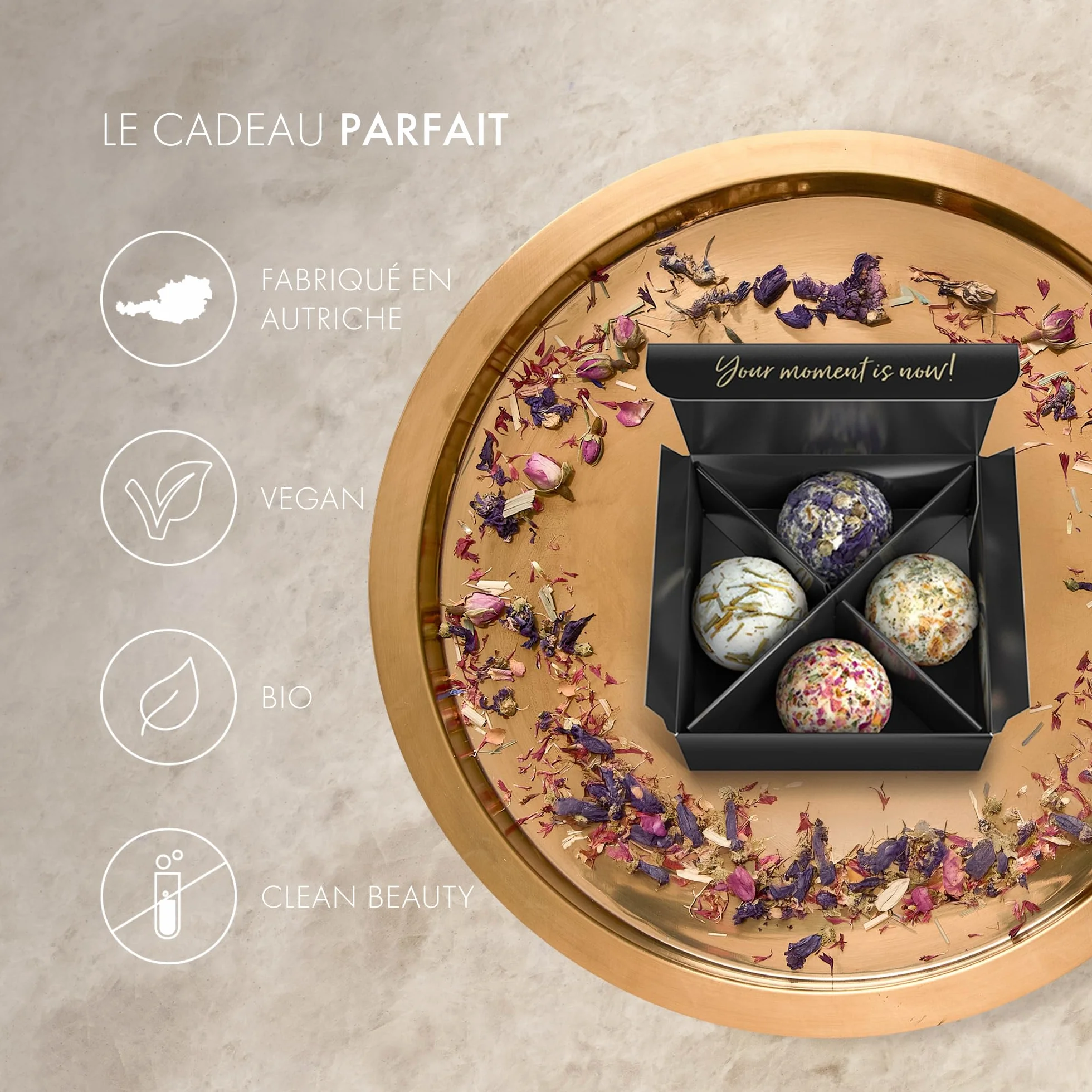 Satin Naturel Coffret 4 Bombes de Bain BIO Luxueuses Vegan – Cadeau Bien-Être pour Femme
