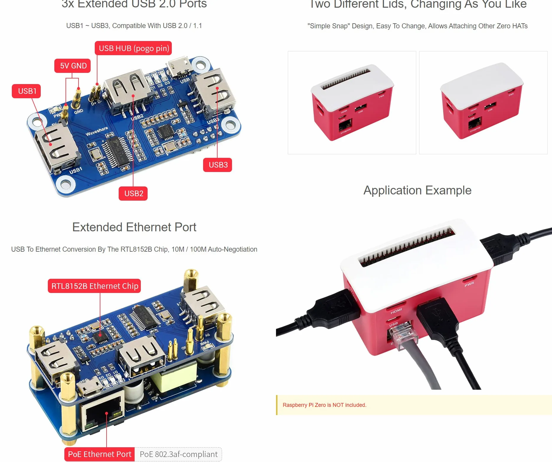 Waveshare PoE Ethernet/USB HUB Box for Raspberry Pi Zero Series 3X USB 2.0 Ports 802.3af-Compliant Compatible with Zero Series Boards