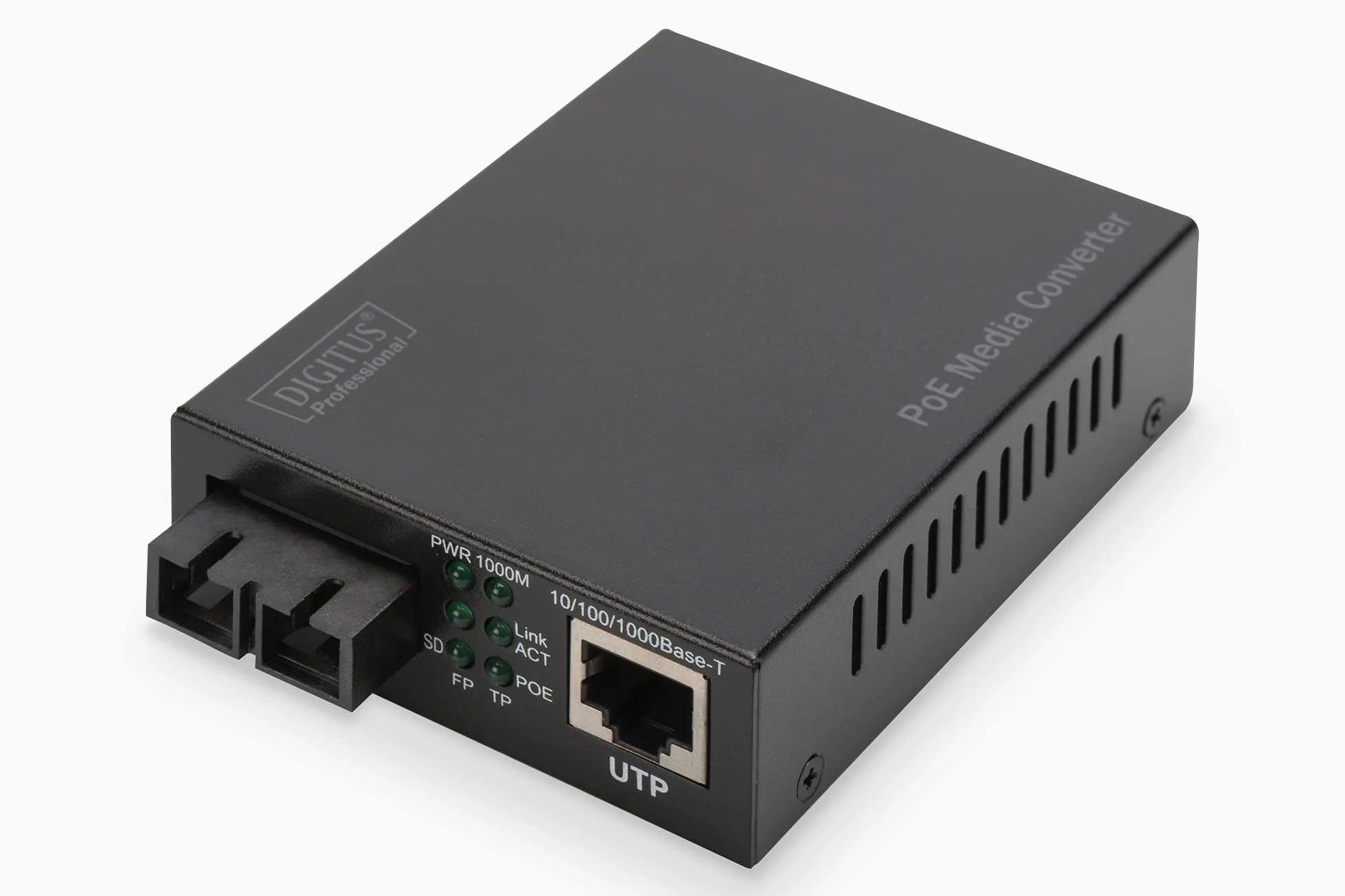 DIGITUS Convertisseur de média Gigabit – RJ45 vers SC Duplex – monomode | Injecteur PoE – 1 Gbit/s – longueur d'onde 1 310 nm – portée jusqu'à 20 km – cuivre vers fibre optique – noir
