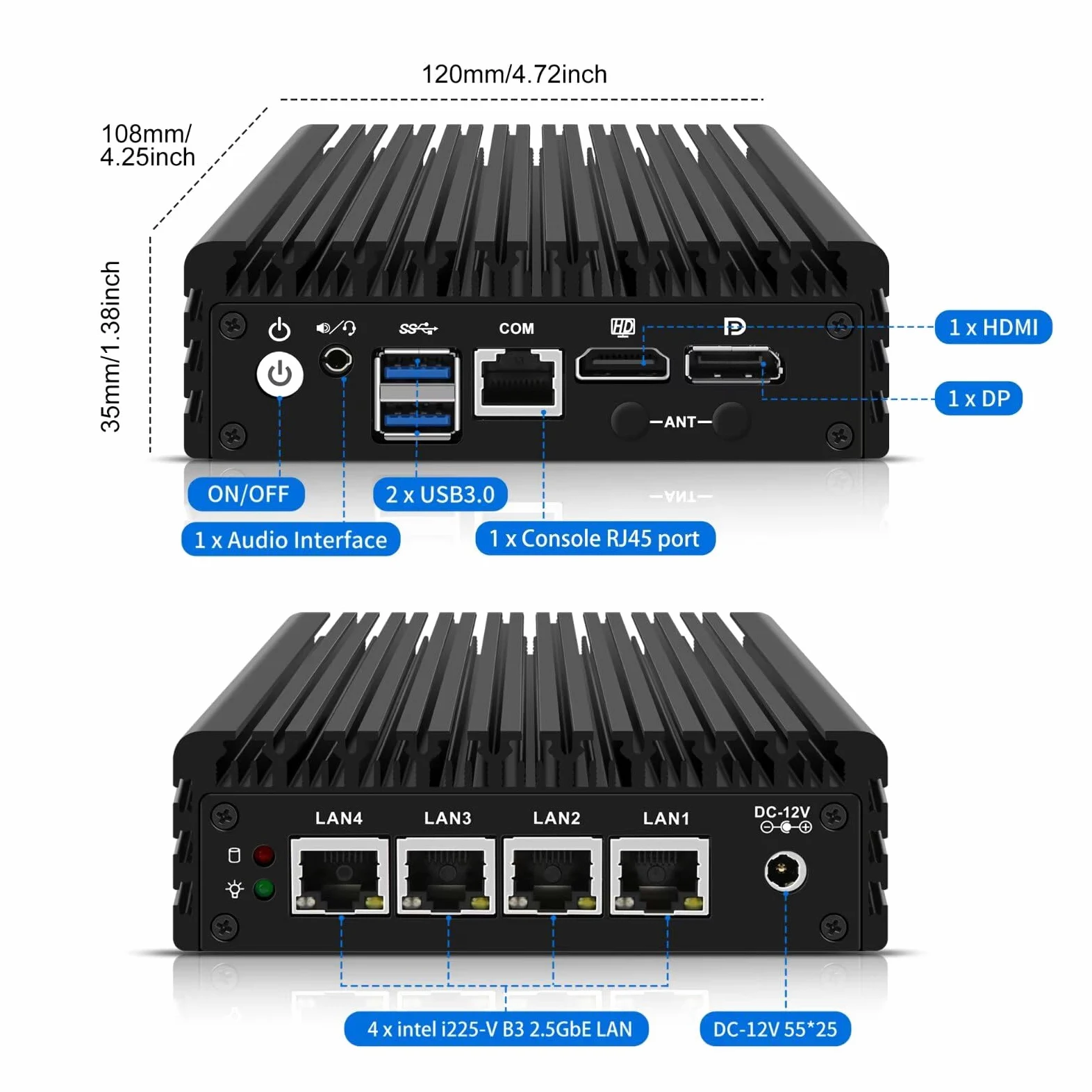 Micro Firewall Appliance, Fanless Mini PC J3710 4C/4T, 4X 2.5 GbE i225-V LAN,AES-NI,DDR3 8GB SSD 128GB Router Netzwerk Security USB3.0/HD/DP/Console RJ45 Port/Wi-FI, Dual Display