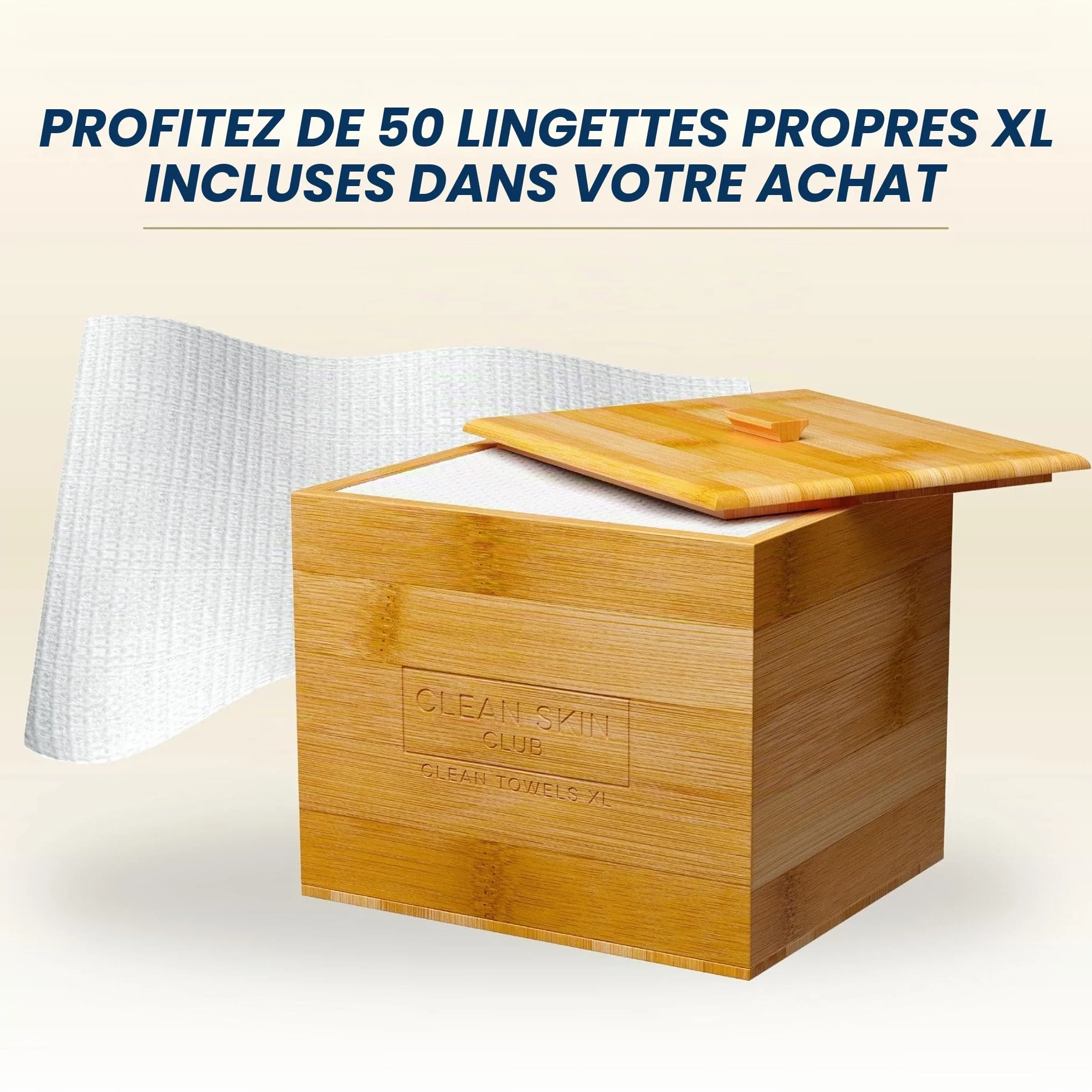 Clean Skin Club Récipient en bambou avec couvercle, 50 serviettes jetables Clean Towels XL Original