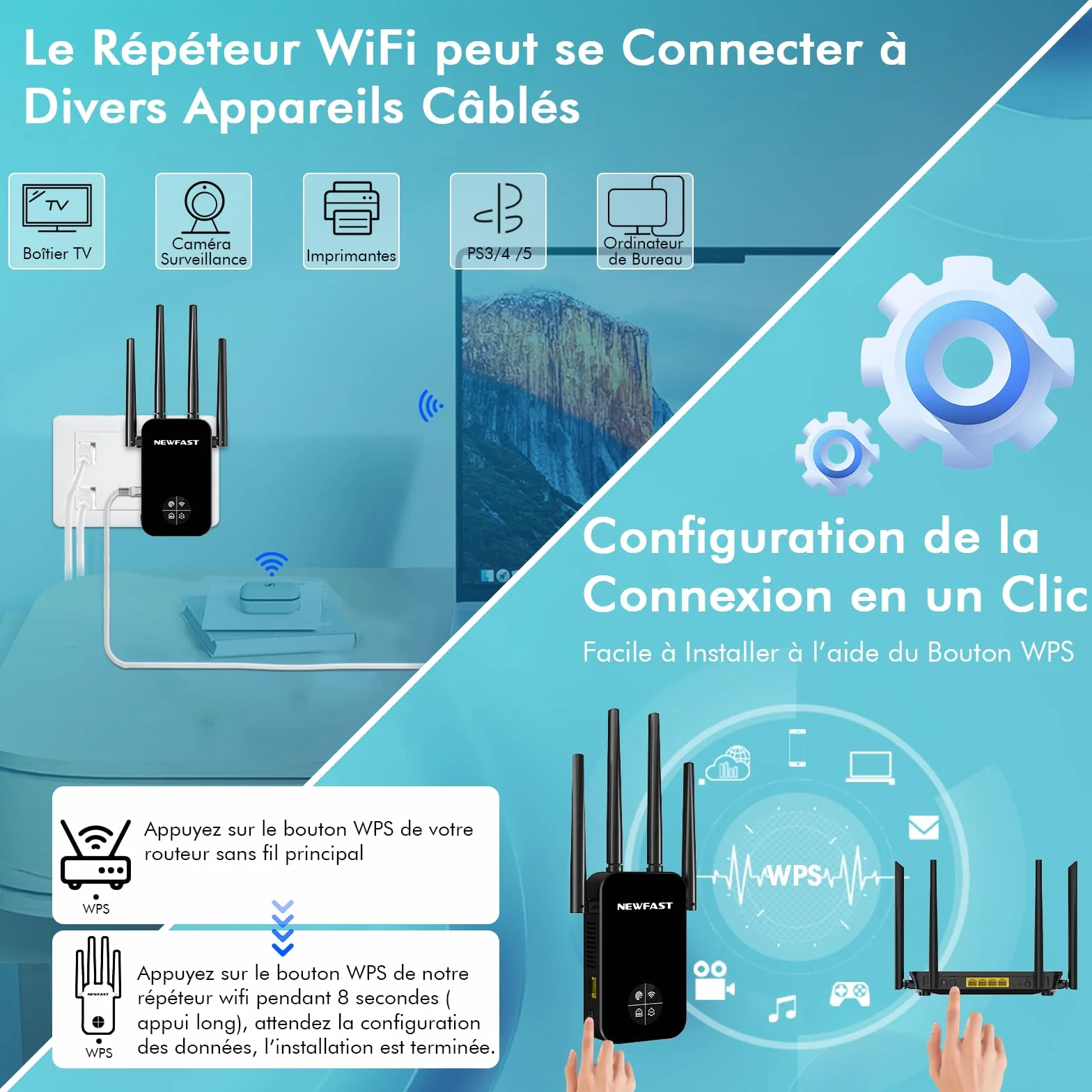 NEWFAST NF-RE523 Répéteur WiFi AC1200 Double Bande Amplificateur WiFi 100 m² Prise UE