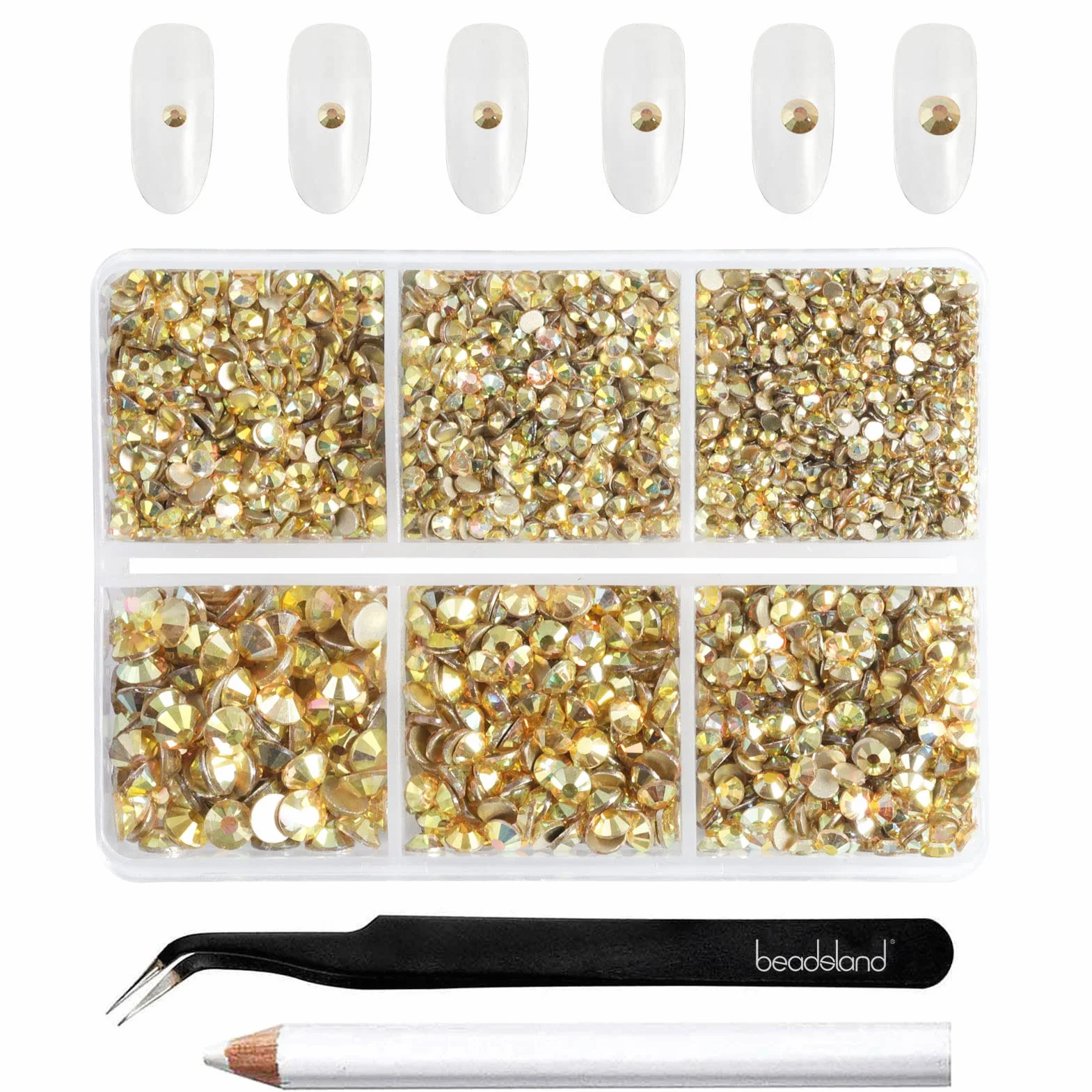 Beadsland Lot de 4300 strass ronds à dos plat pour bricolage - 6 tailles - SS6 - SS20 - Doré métallique