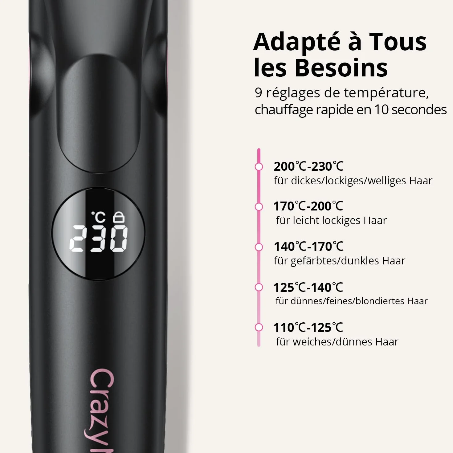 CrazyMar Lisseur à Air Froid 2-en-1 9 Températures 110-230°C Boucleur Ionique Cheveux Bouclés Lisses Noir