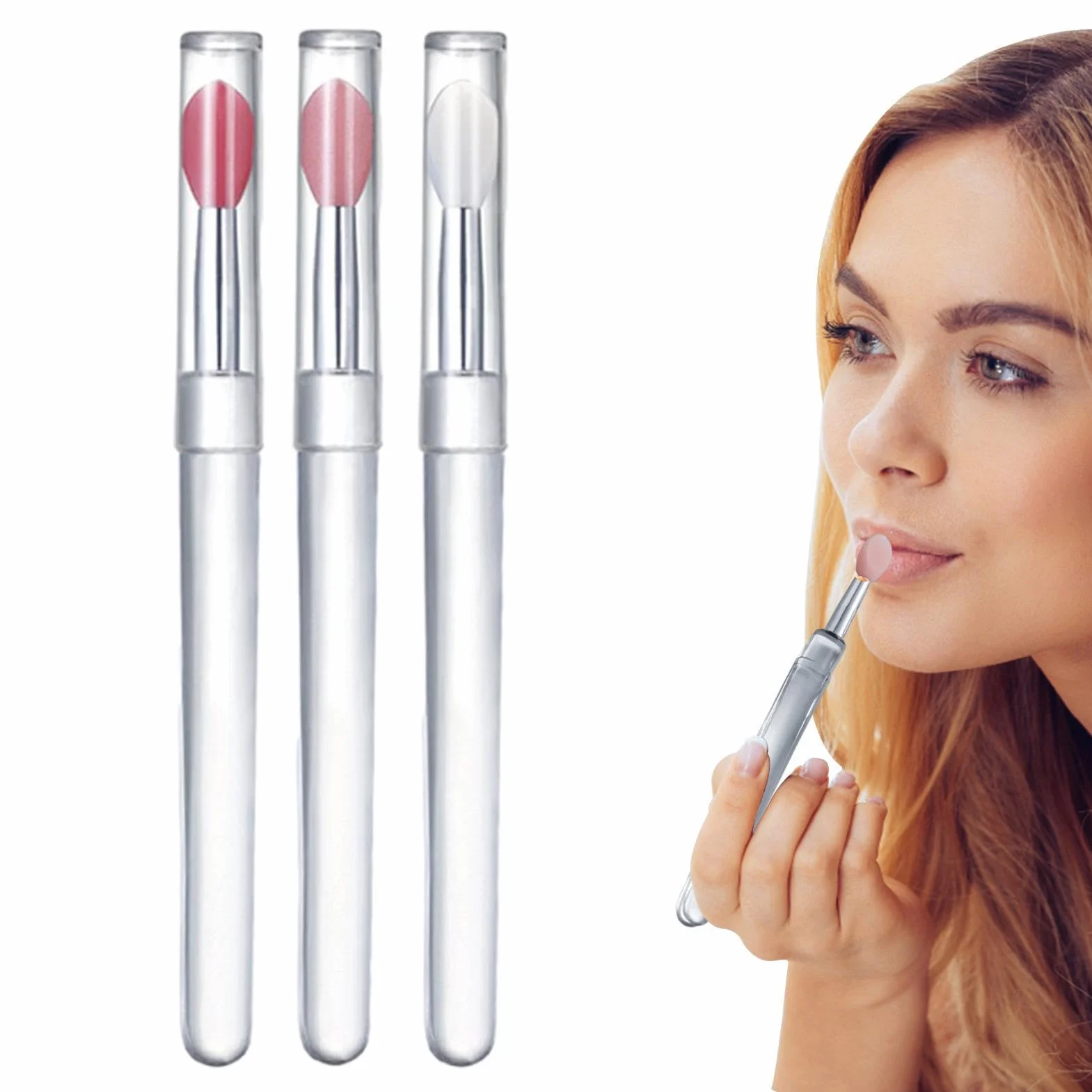 Lot de 3 pinceaux à lèvres en silicone avec couvercle - Applicateur de baume à lèvres réutilisable portable