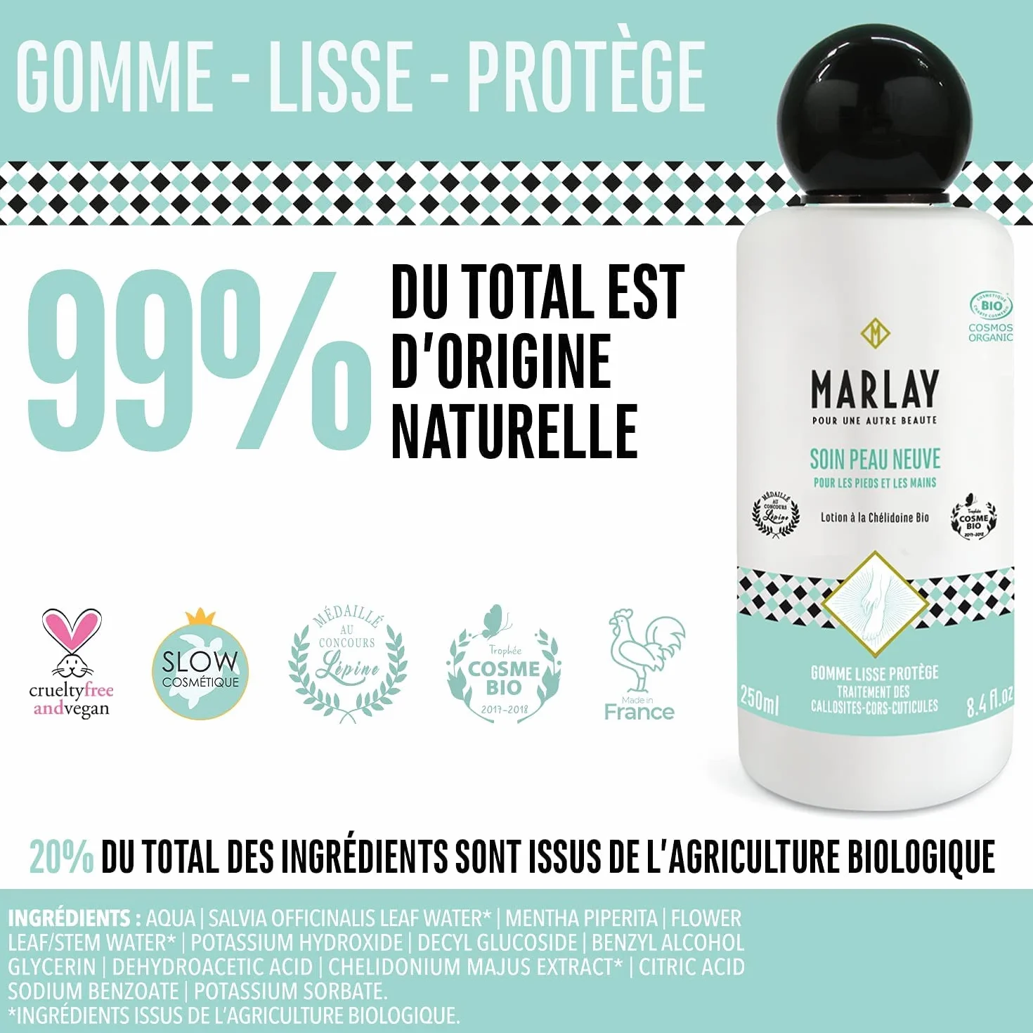 Marlay Cosmetics Soin Peau Neuve 500 ml Lotion Pieds Secs et Abimés à la Chélidoine Bio 99% Origine Naturelle