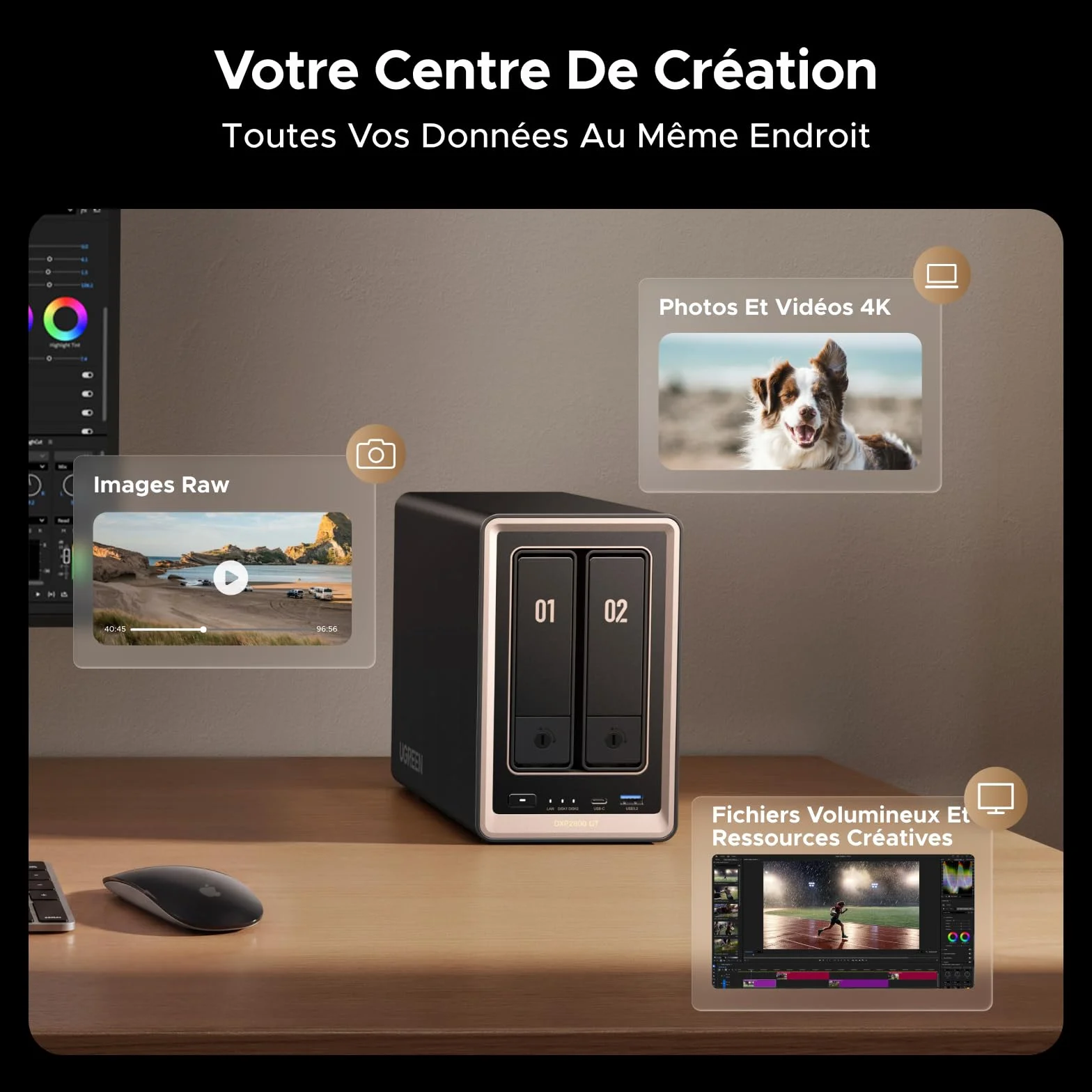 UGREEN NASync DXP2800 NAS 2 Baies, LAN 10GbE, AMD Ryzen R2514, 8 Go RAM, Double M.2 NVMe, HDMI 4K