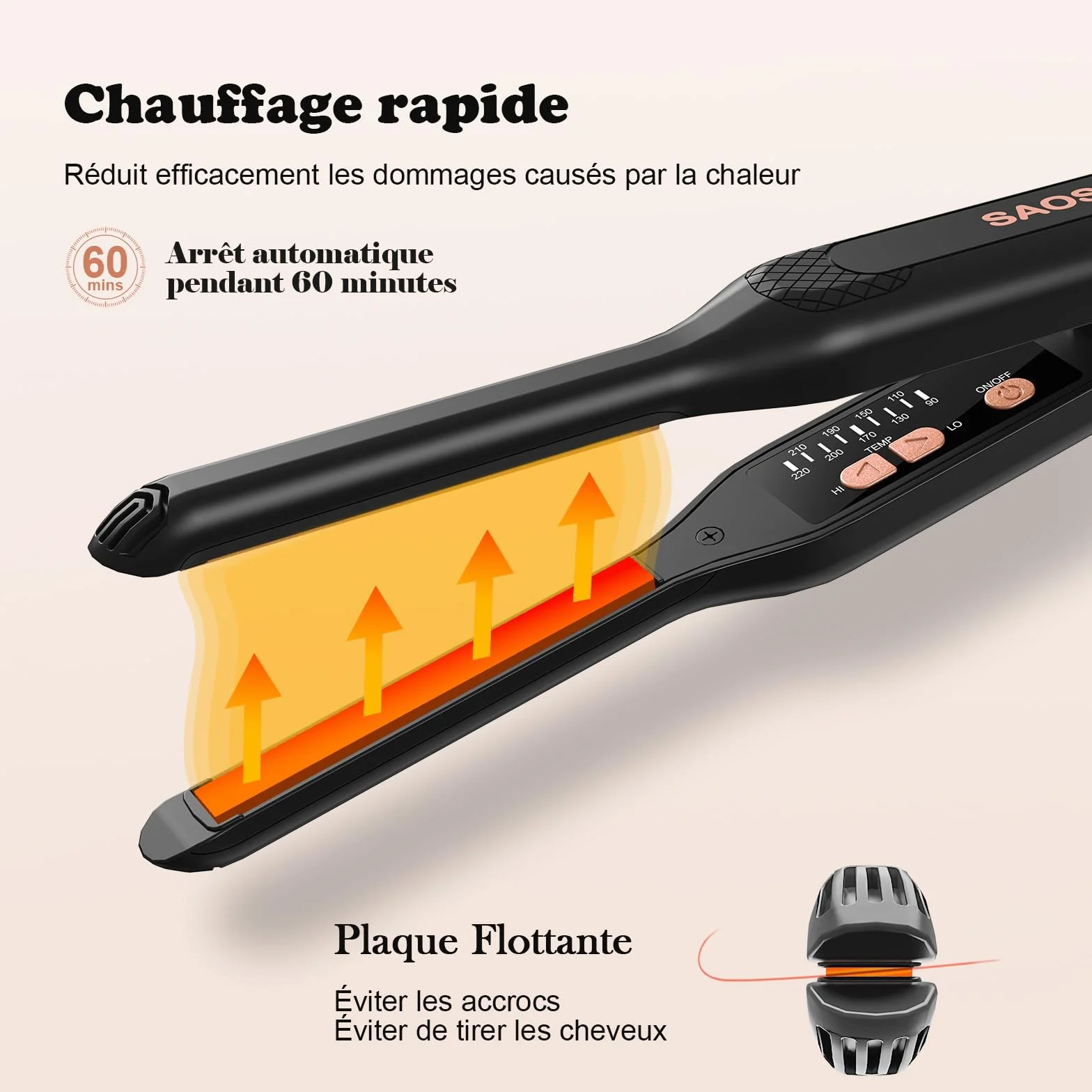 SAOSA 2-in-1 Mini Lisseur en Céramique pour Cheveux Courts, 90°C-210°C, Double Tension, Or rose