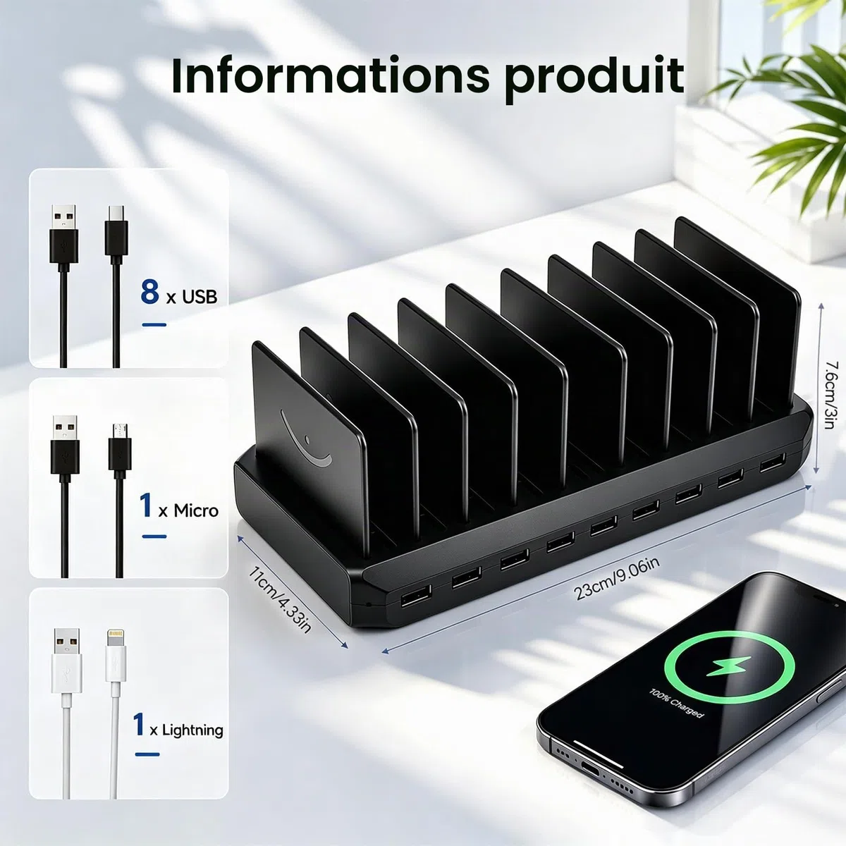 Station de Recharge USB 100 W, Portable 10 Ports Multiples avec séparateur Amovible réglable,Compatible avec iPhone/Apple Watch/Samsung/Google/tablettes/périphériques USB
