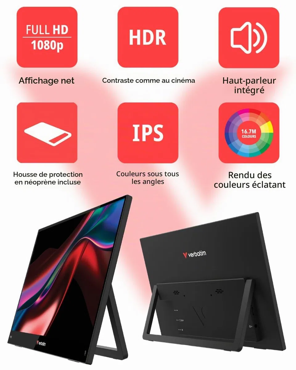 Verbatim Moniteur Portable, écran Mobile Full HD 15,6", Moniteur Portable en Plastique pour Ordinateur Portable, Tablette, Smartphone, PS5 ou Nintendo Switch avec Ports USB-A, USB-C et HDMI, Noir