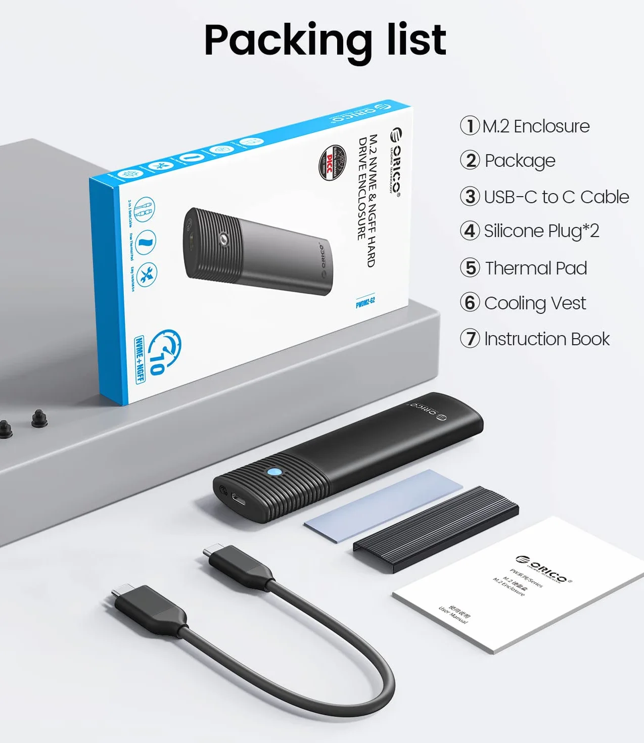 ORICO Boîtier SSD M2 NVMe SATA USB C 3.2 Gen 2 10Gbps 5Gbps NGFF M-Key 2230/2242/2260/2280 Aluminium Externe UASP