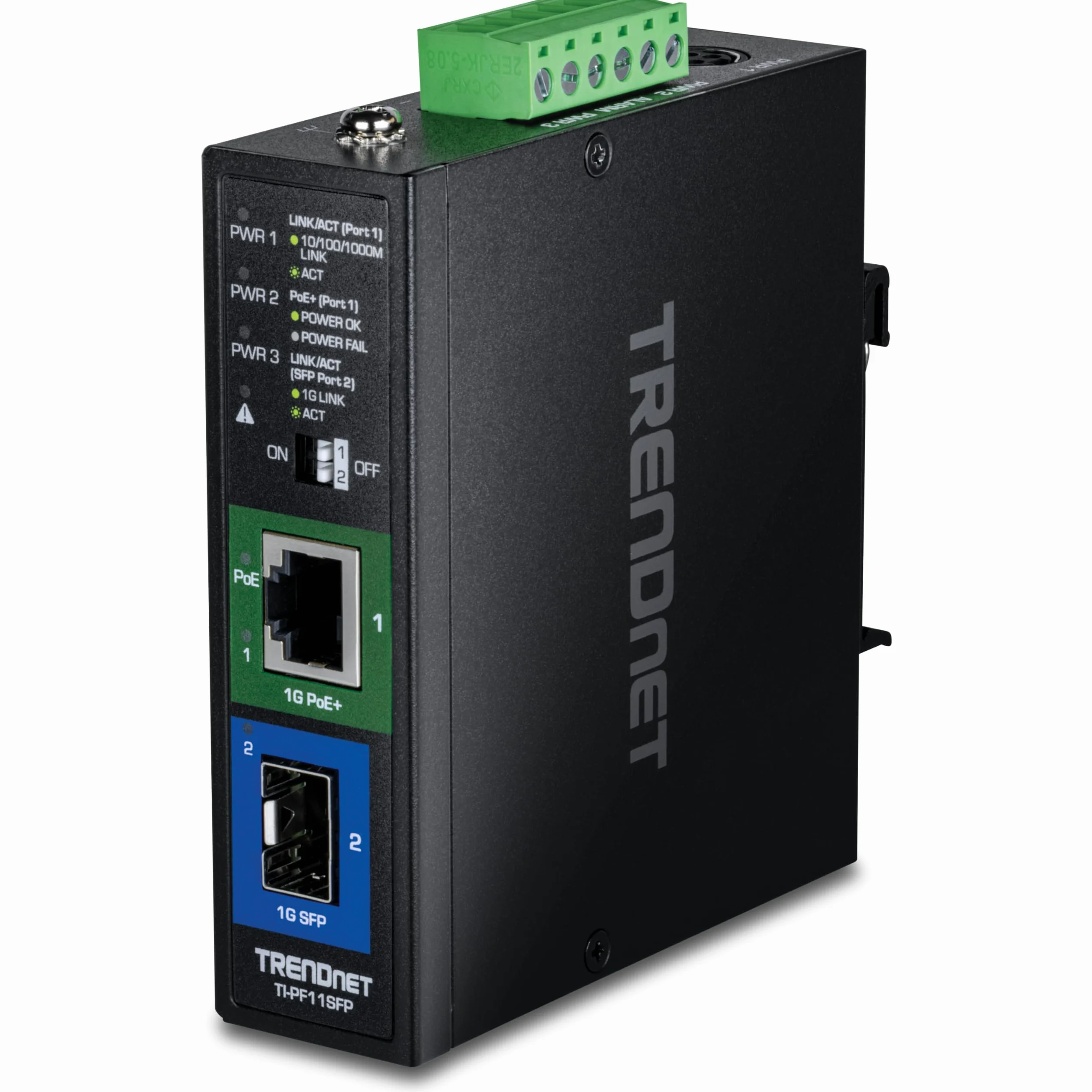 TRENDnet, TI-PF11SFP, Convertisseur de média Industriel SFP vers Gigabit PoE+, boîtier classé IP30, Plage de température de Fonctionnement -40°–75 °C à (-40° – 167 °F)