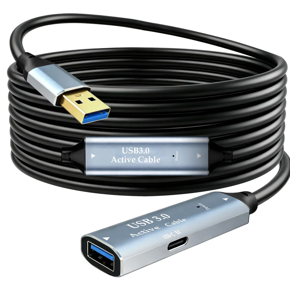 Tan QY Câble d'extension actif USB 3.0 de type A mâle vers A-femelle avec 1 amplificateur de signal et 1 port de charge USB-C, pour webcam, hub USB, appareil photo, imprimante (5 m)