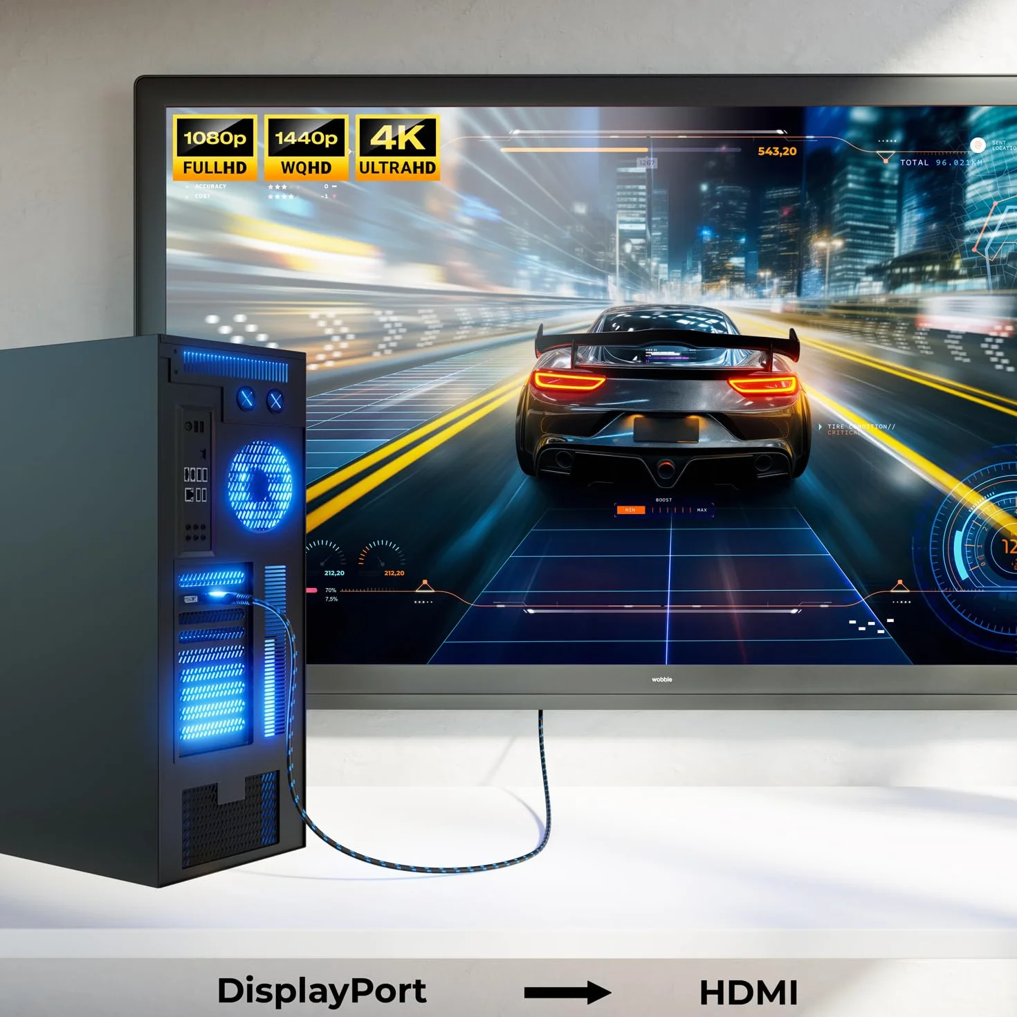 deleyCON 0,5m 4K DisplayPort vers HDMI Câble Court 1080P@60Hz Connecteur Aluminium Gaine Nylon