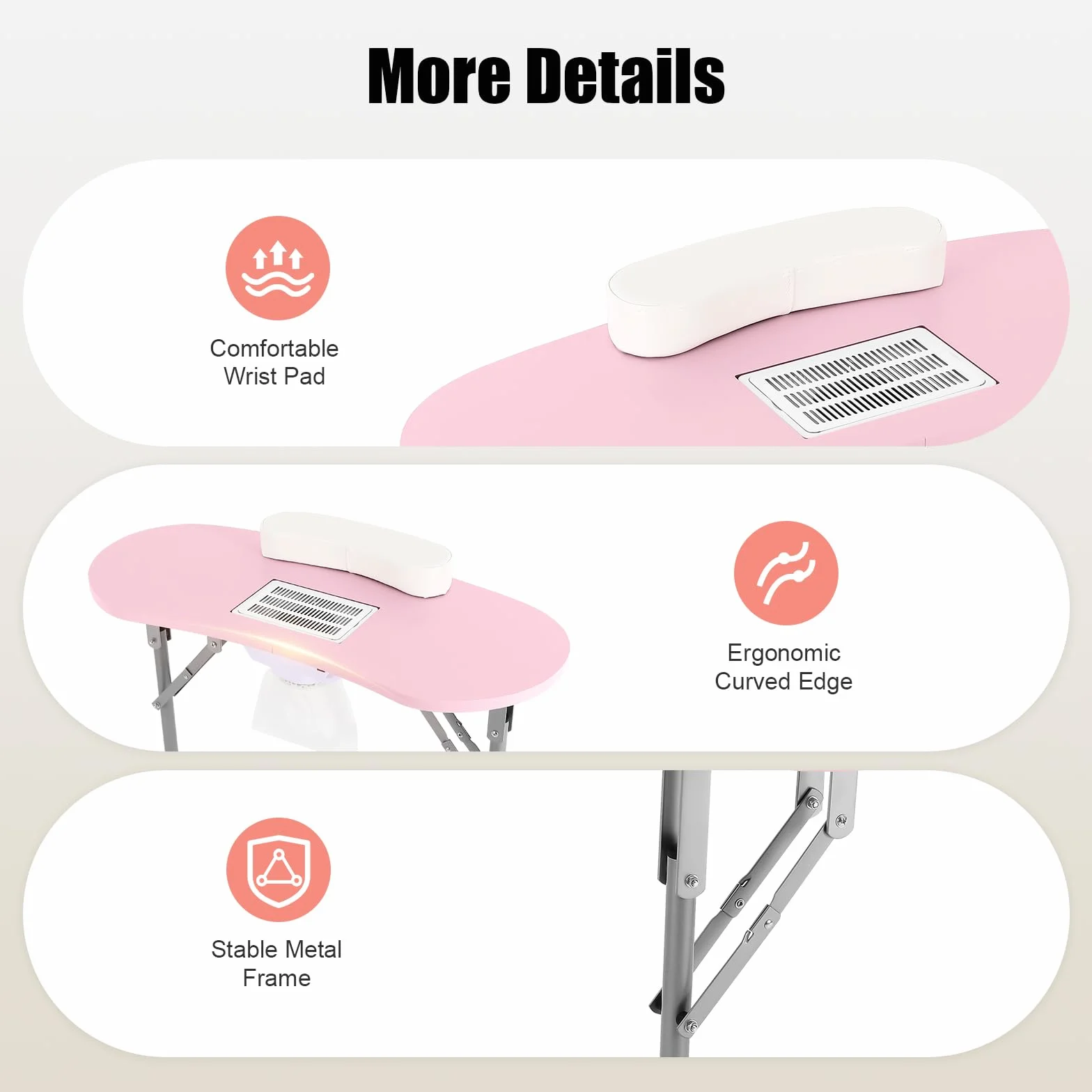 Table de manucure pliable avec roulettes, aspirateur et repose-poignet - Rose