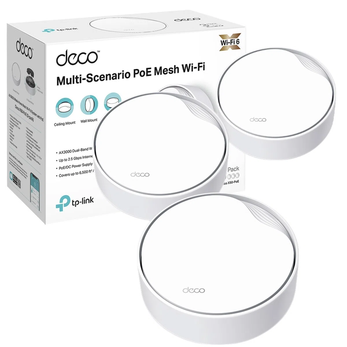 TP-Link Deco X50-PoE AX3000, lot de 3 systèmes Wi-Fi 6 PoE, double bande, réseau AI, couvre 1,8 m², connecte jusqu'à 150 appareils, processeur double cœur 1,0 GHz