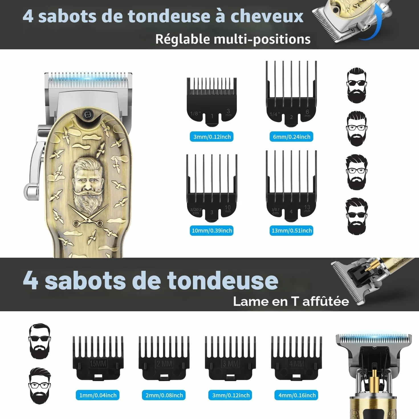 HIENA PRO Tondeuse à cheveux professionnelle homme sans fil rechargeable USB Set 814