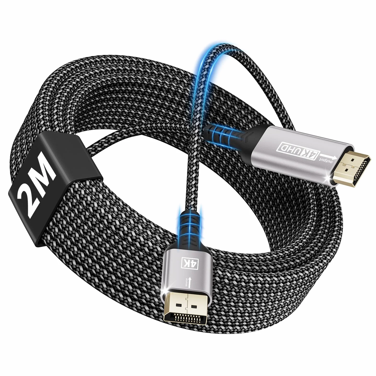 Câble DisplayPort vers HDMI 4K 2M Unidirectionnel DP Mâle UHD 4K@30Hz Nylon pour Dell Lenovo HP