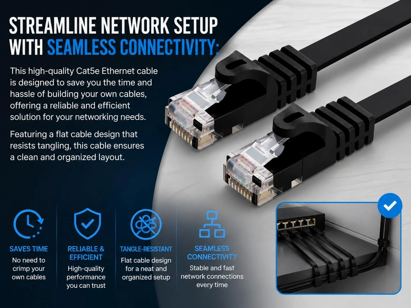 BRENDAZ Lot de 2 câbles Ethernet Cat5e de 30,5 m – Câble de raccordement réseau sans accroc, plat, 350 MHz, UTP, pour PC, serveur, routeur, modem, TV, PS5, consoles de jeux (2 pièces, 30,5 m)