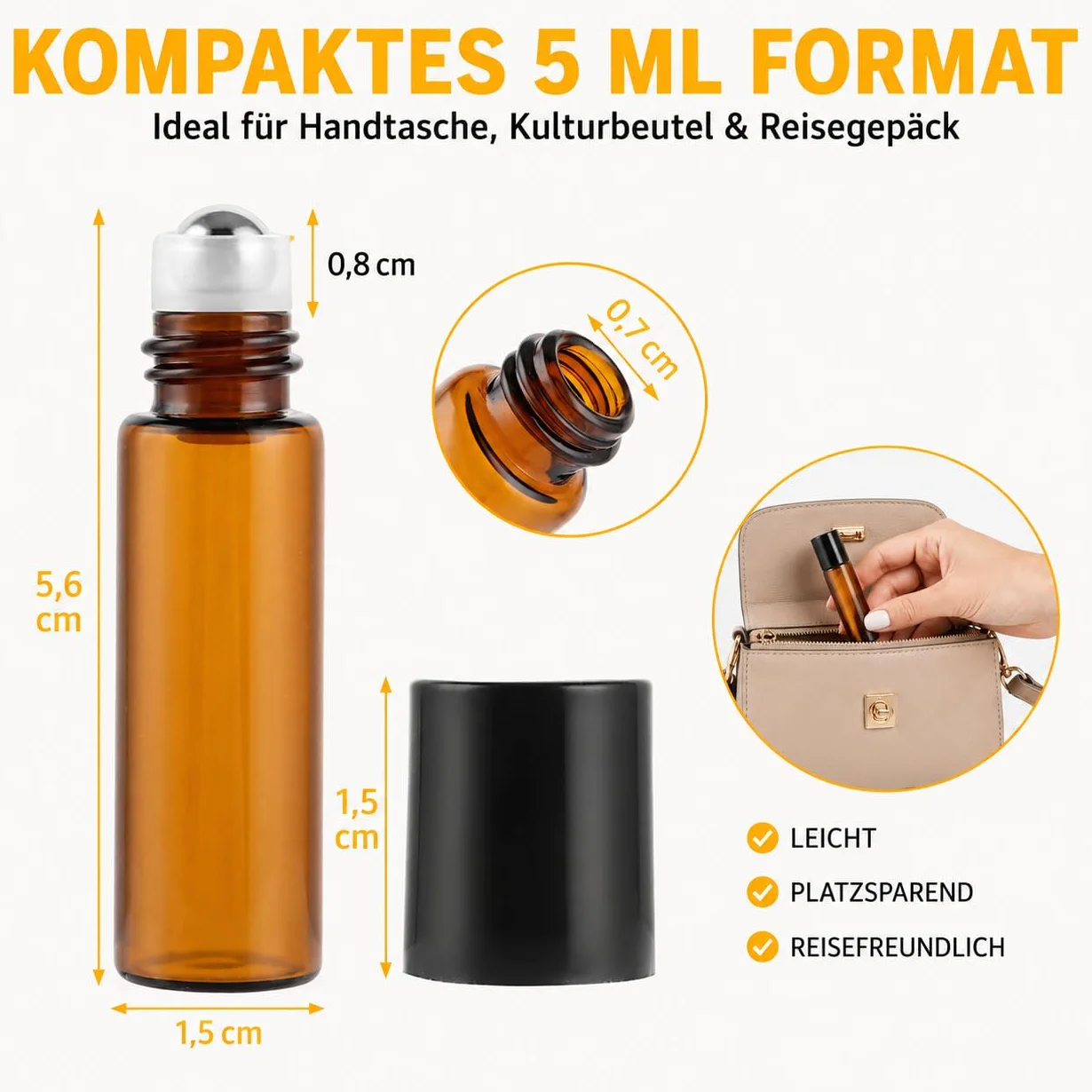Lot de 50 Flacons Roll-On 5ml en Verre Ambré avec Billes en Acier Inox, Kit DIY Huiles Essentielles
