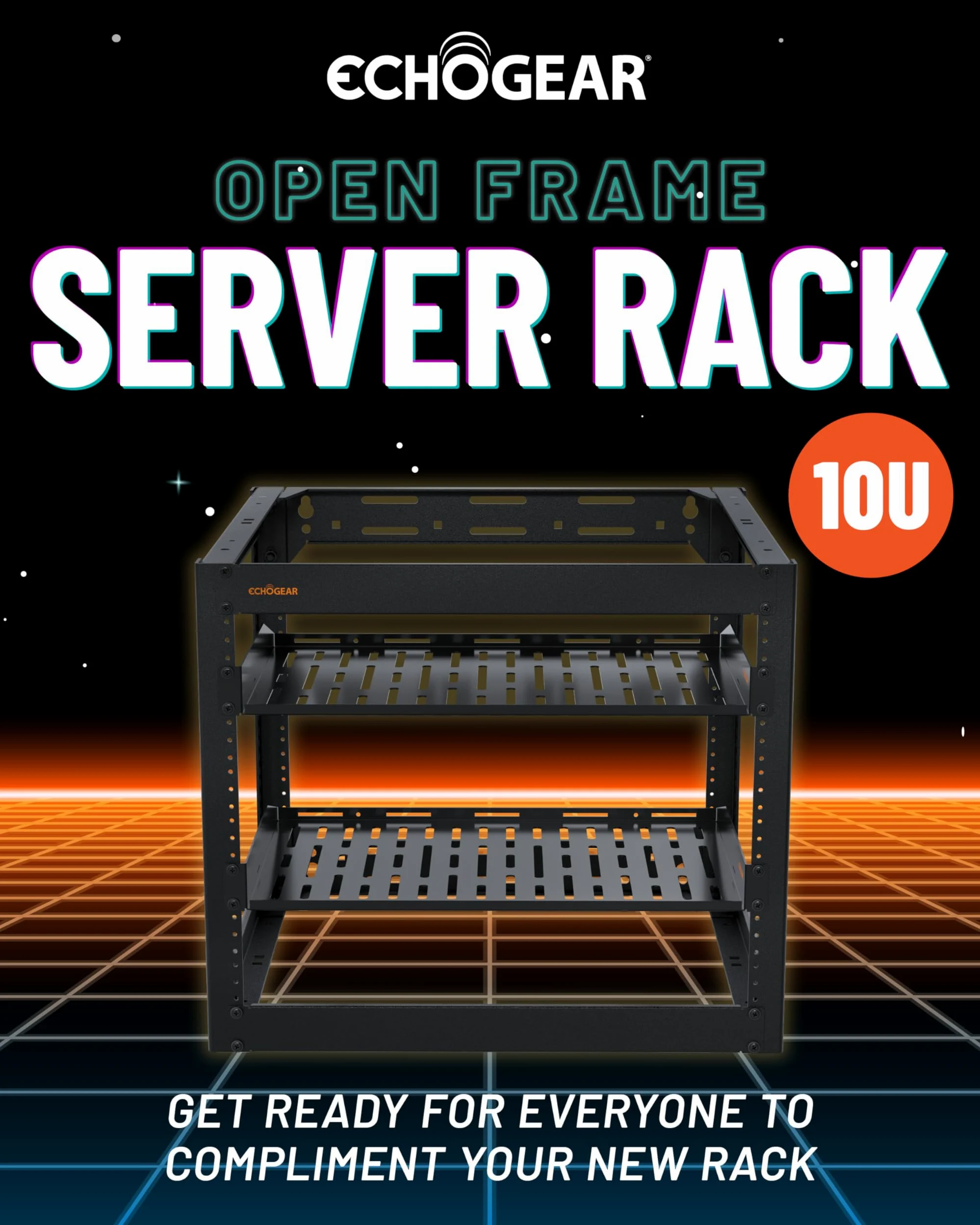 ECHOGEAR Rack réseau 10U – Fixation Murale Robuste à 4 Montants pouvant contenir Tous Vos équipements réseau et AV – Cadre Ouvert avec 2 étagères ventilées 1U et matériel de Montage